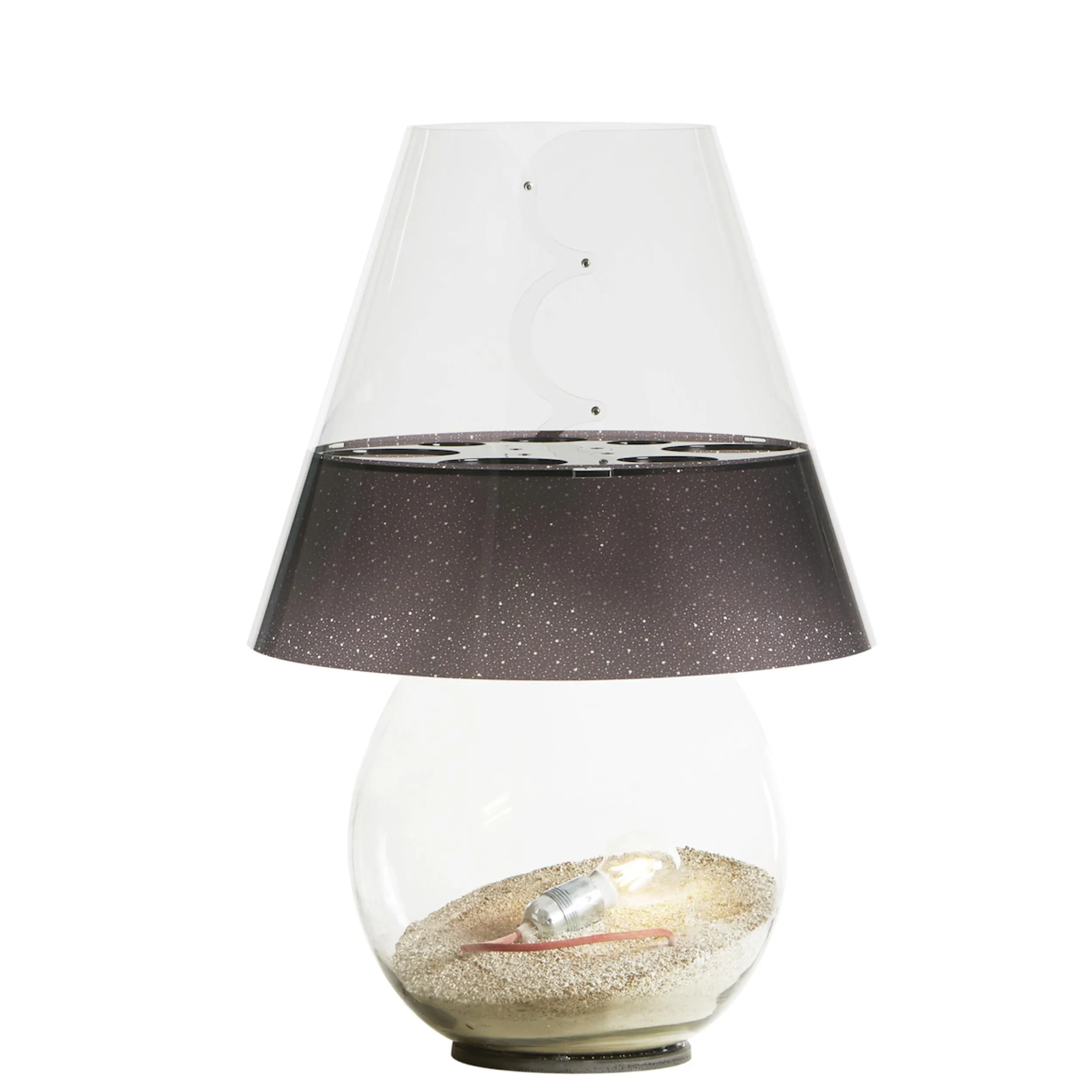 Lampada da Tavolo per interno in vetro BOMBONNE MINI Ø 46xh 68 cm -peso 13.5 Paralume in Policarbonato trasparente traforato Pizzo Marrone