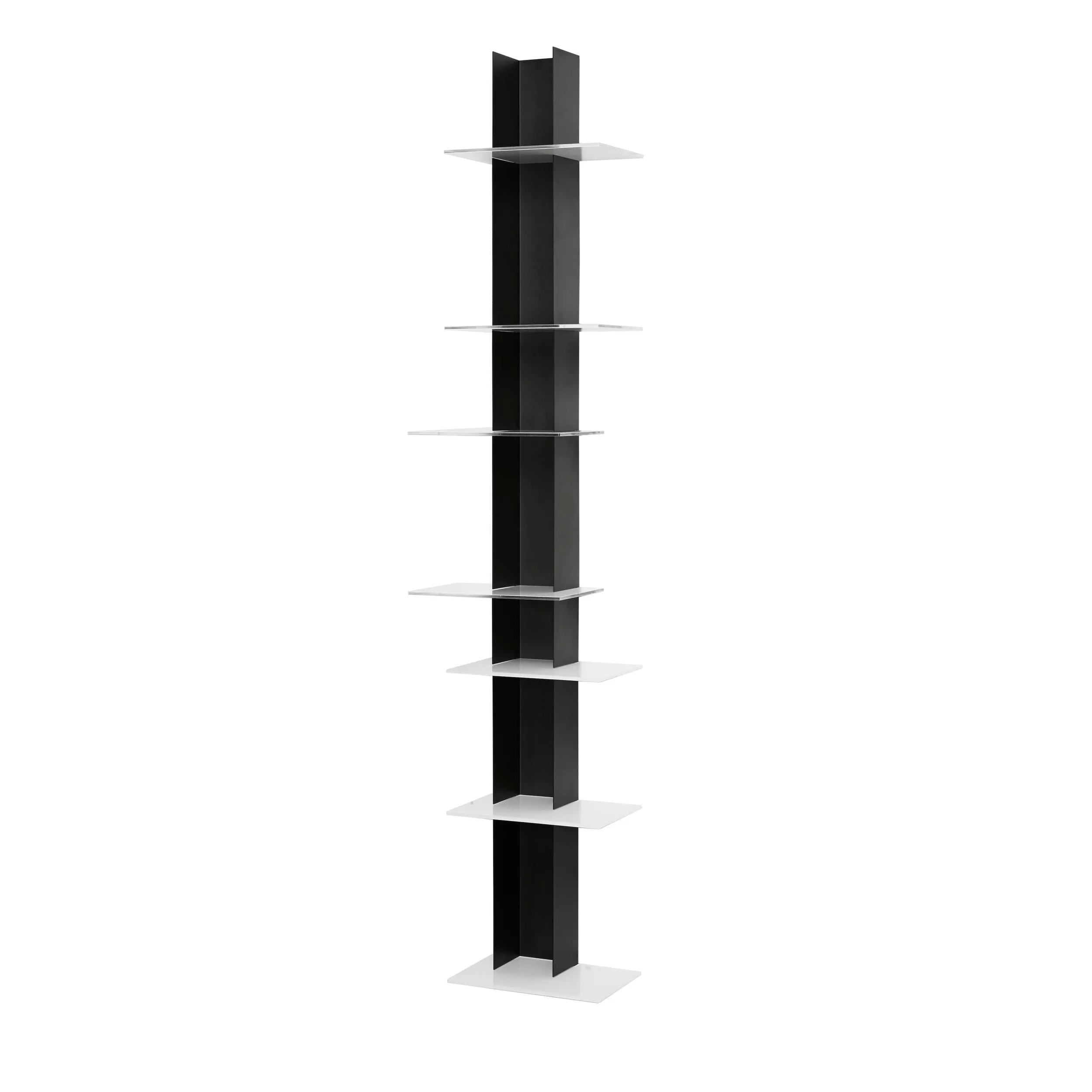 Libreria da Parete verticale Fissaggio a parete ELIB 39x23xh 170 cm con struttura in metallo verniciato NERO ripiani in metacrilato bianco