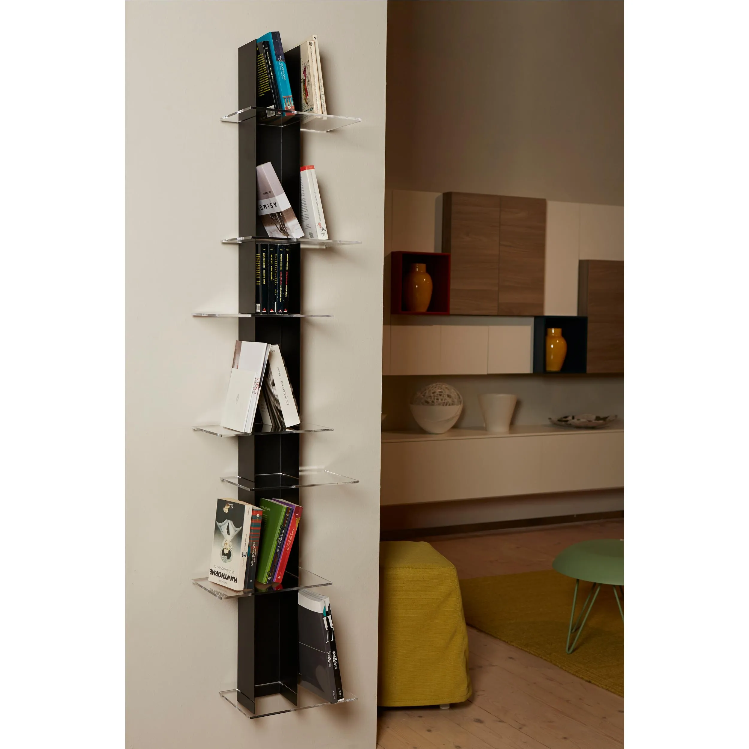 Libreria da Parete verticale Fissaggio a parete ELIB 39x23xh 170 cm con struttura in metallo verniciato NERO ripiani in metacrilato trasparente