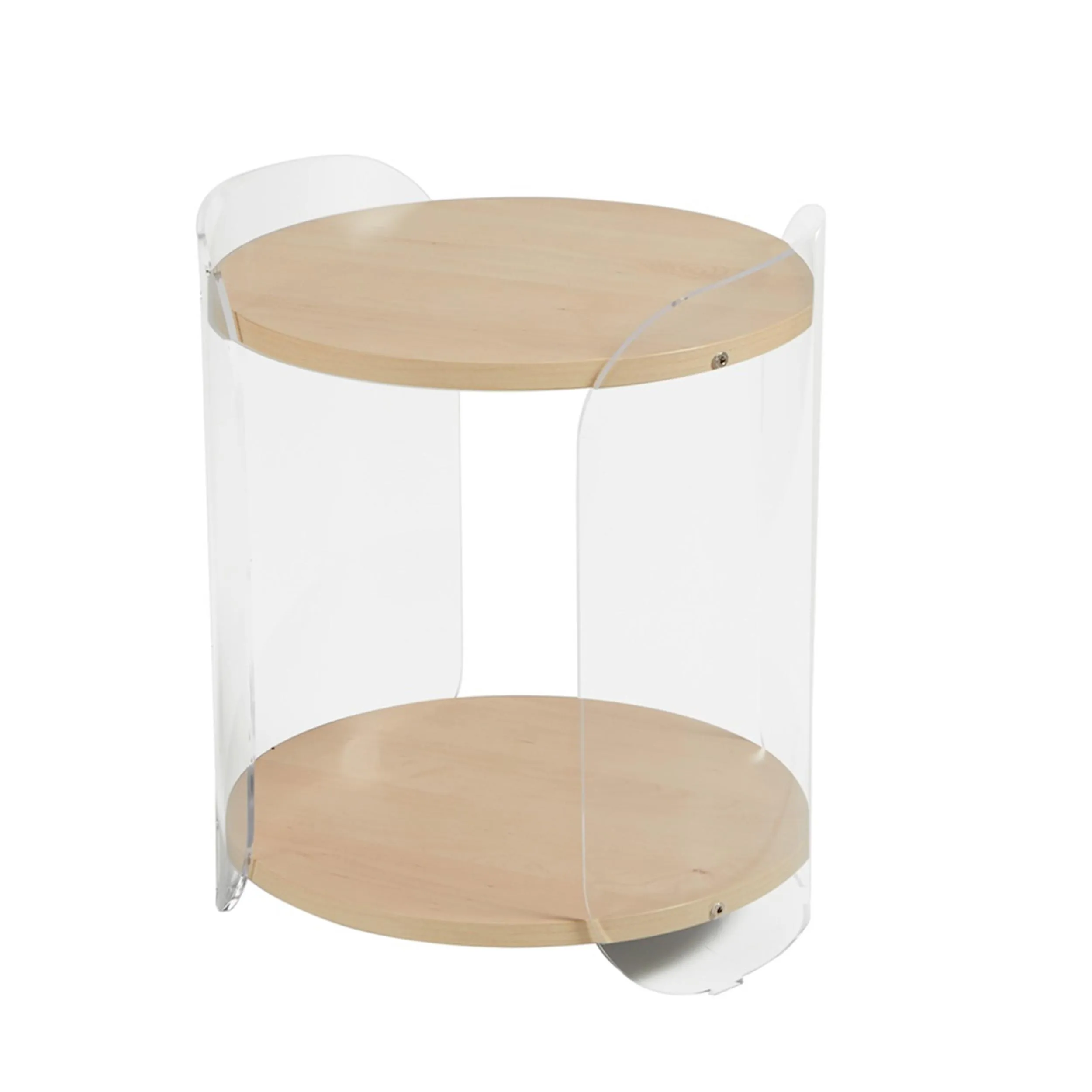 Tavolinetto, comodino in metacrilato Trasparente ALVIN 41x41xh49 cm con ripiano in legno nobilitato particolari in acciaio lucido acero mondial
