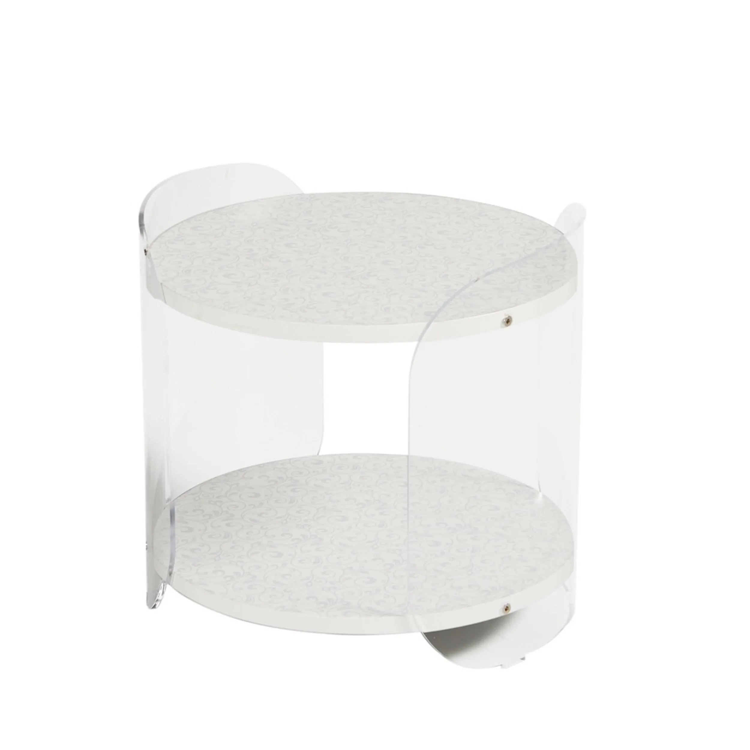 Tavolinetto , comodino in metacrilato Trasparente ALVIN 41x41xh39 cm con ripiano in legno nobilitato particolari in acciaio lucido bianco