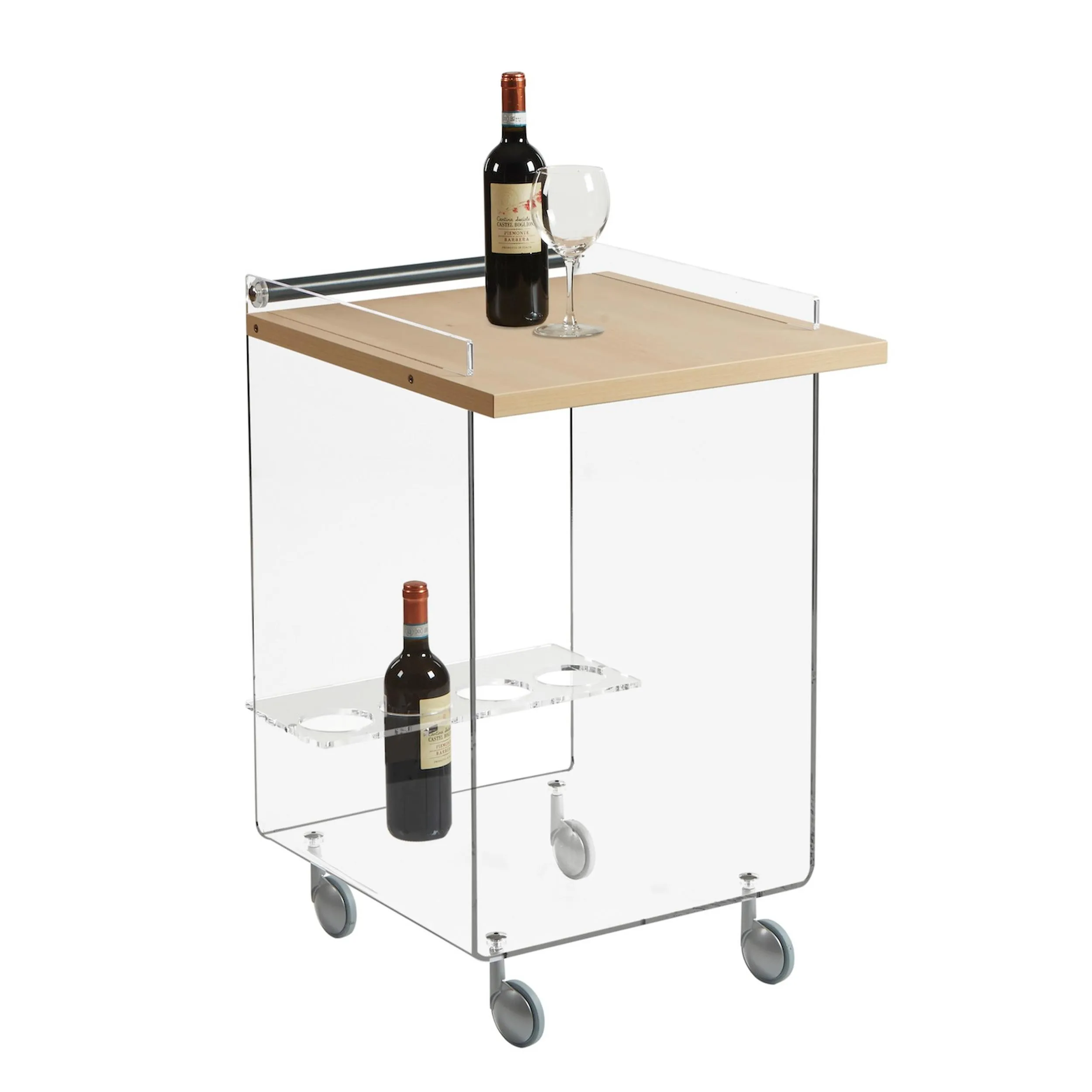 Carrello Cucina Portavivande in Metacrilato Trasparente 63x50xh80 cm AMBROGIO ruote anti graffio con ripiani in legno di acero, Acero Mondial