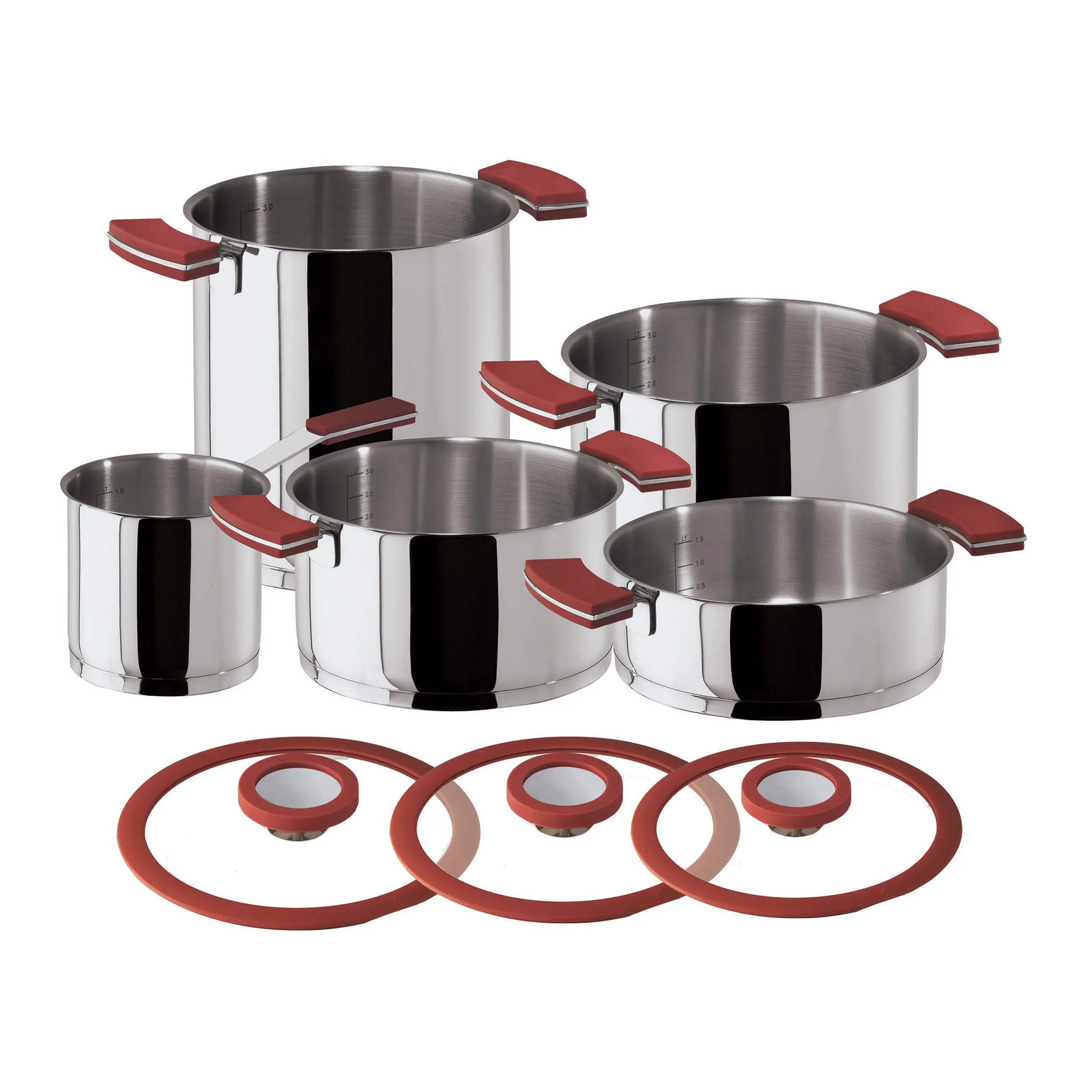 Batteria di pentole 8 pezzi Sambonet con manici in Silicone O'Clock Red t - 8,16 kg. corpo in acciaio inox manici colore rosso