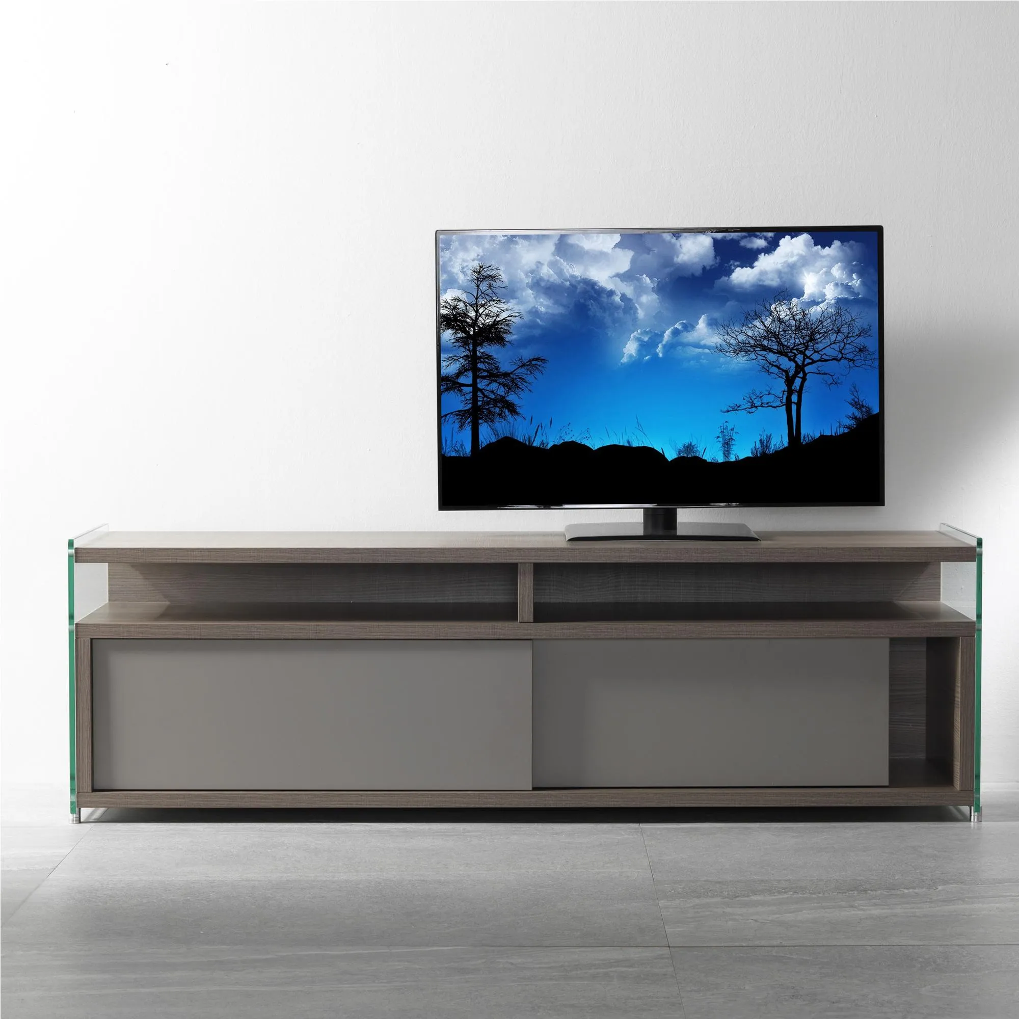 Mobile Porta TV aperto in legno 140x39x48h cm colore Olmo Tranché fianchi in vetro trasparente