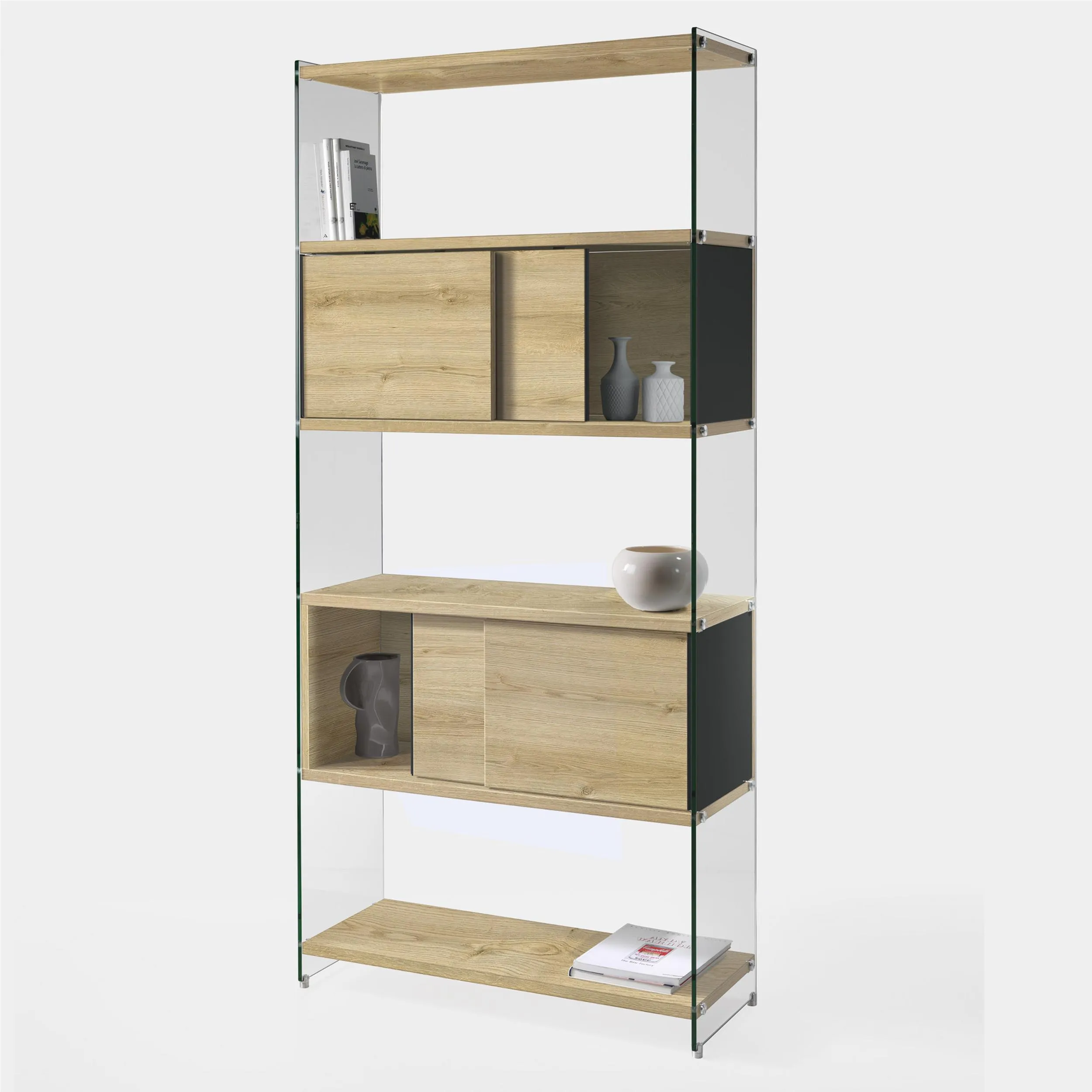 Libreria componibile Byblos da cm.90 - fianco alto 202 cm 90x36xh202 cm con 2 ante scorrevoli ripiani in laminatoRovere Naturale laterale Nero Sablé fianchi in vetro Trasparente