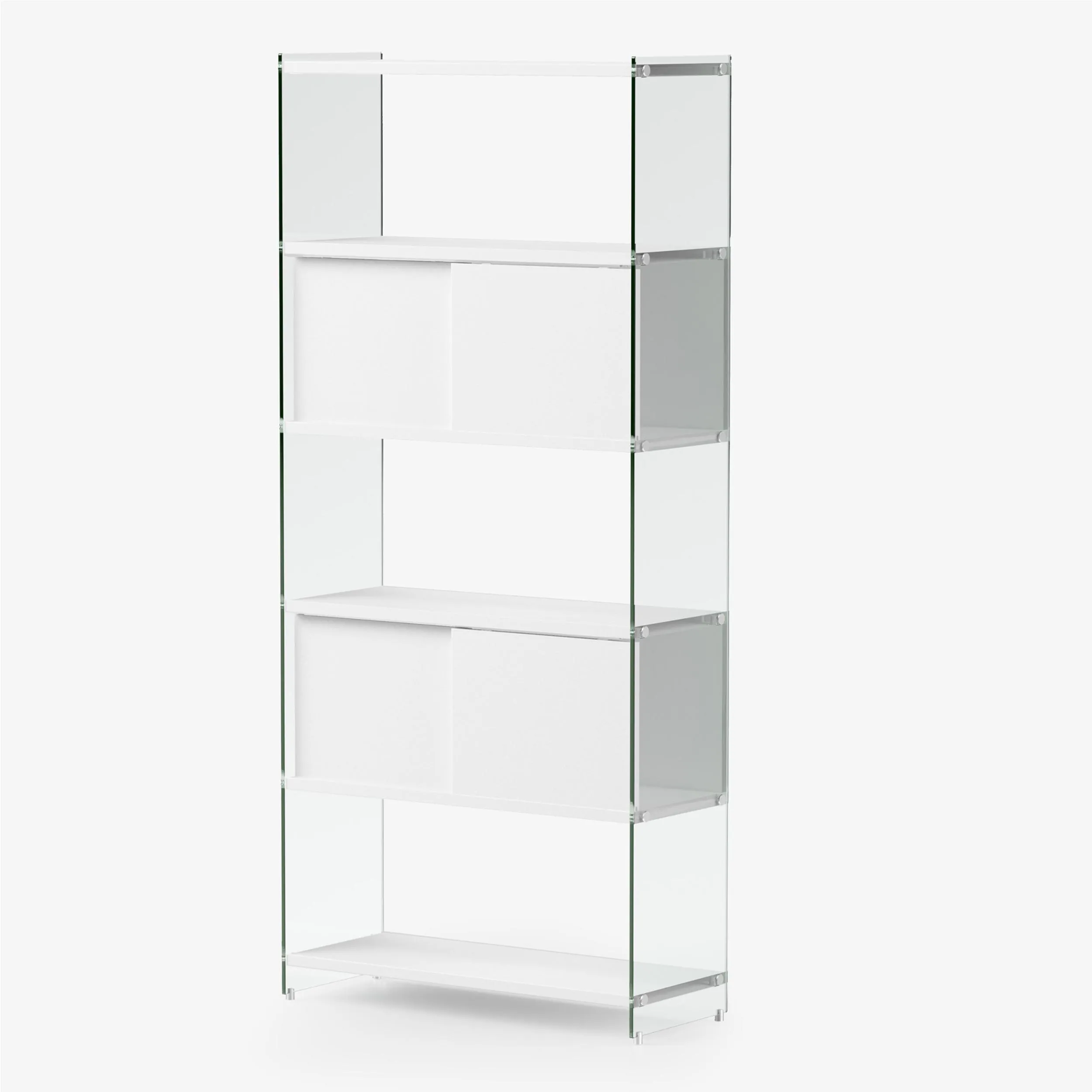 Libreria componibile Byblos da cm.90 - fianco alto 202 cm 90x36xh202 cm con 2 ante scorrevoli ripiani in laminato Bianco opaco laterale Bianco Sablé fianchi in vetro Trasparente