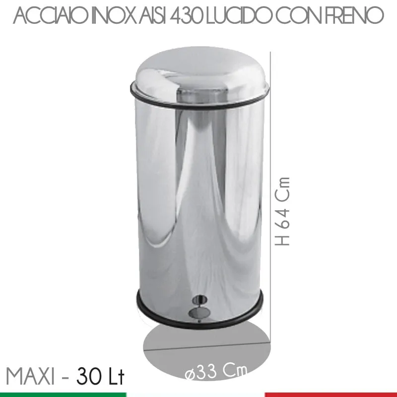 Pattumiera a pedale diametro 33xh64 cm - 30 Lt Maxi Inox Lucido con freno per il coperchio