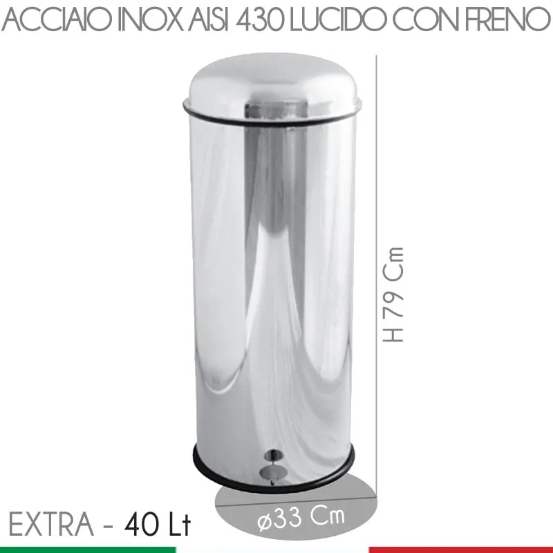 Pattumiera a pedale diametro 33xh79 cm - 40 L Extra Inox Lucido con freno per il coperchio