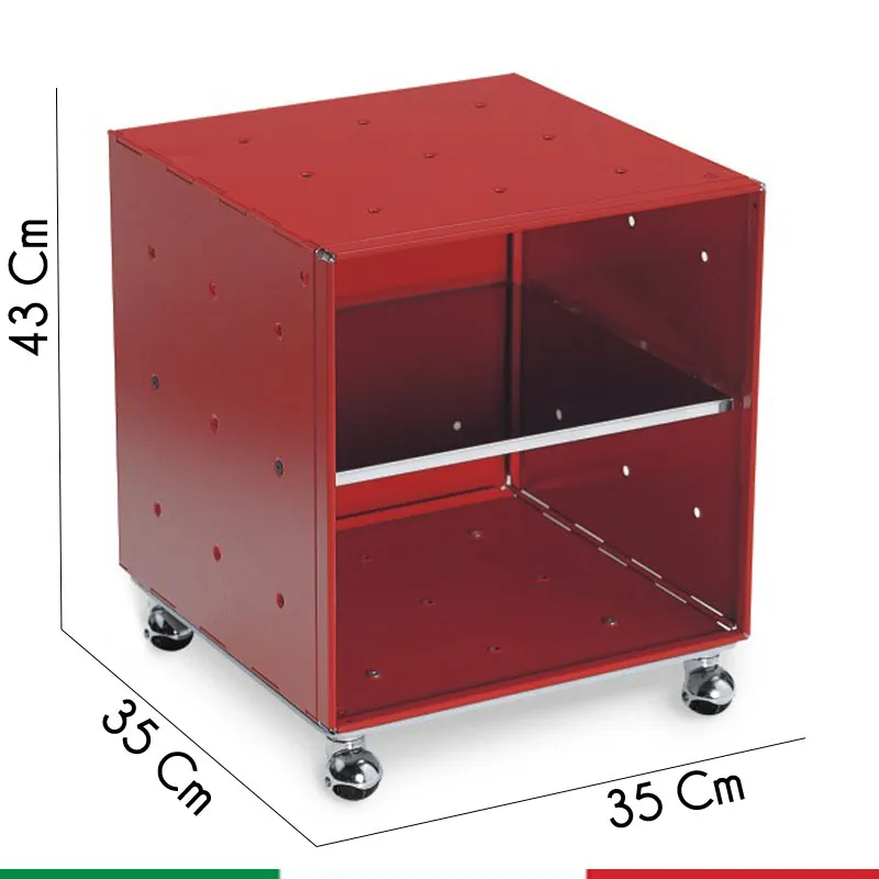 Comodino QBO11 Modulo Base Rosso 35x35x35 Con Ripiano Zincato e Ruote