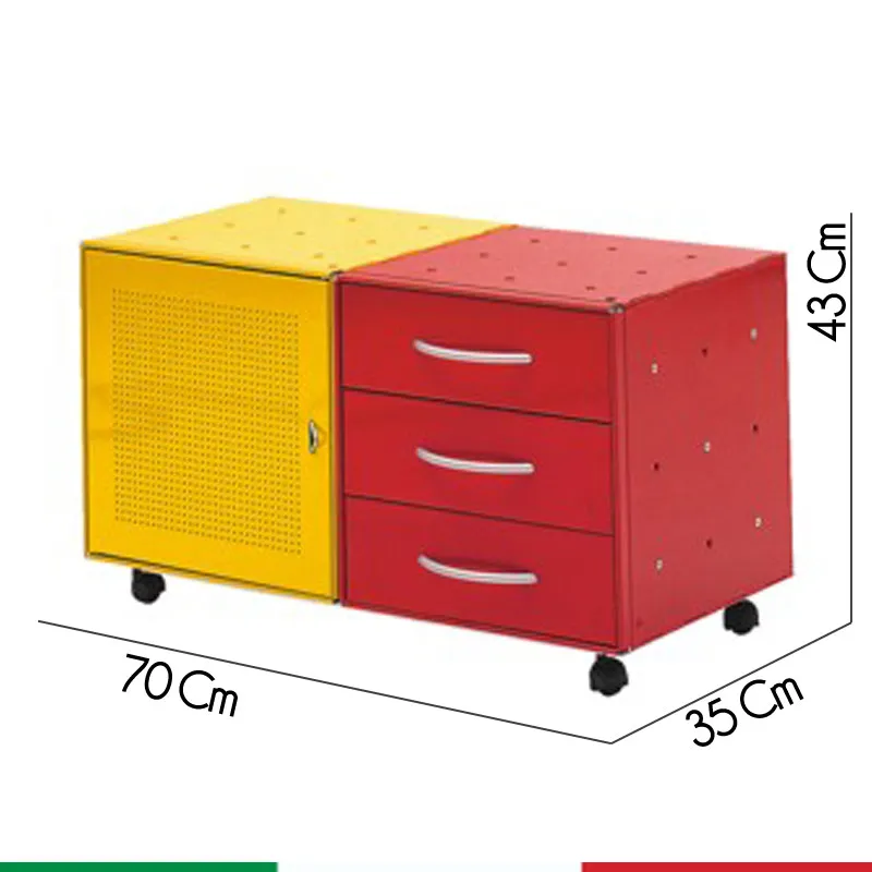 Composizione QBO Box 2 cubi uno giallo e uno rosso anta forata tre cassetti e ruote