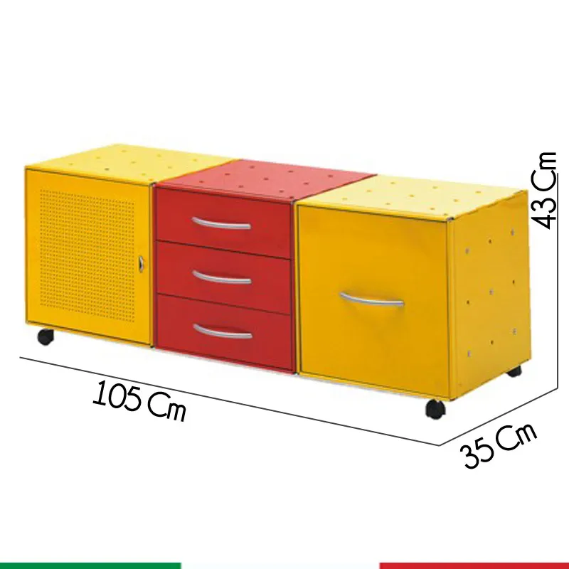 Composizione QBO Box 3 Cubi con Ruote 2 Gialli 1 Rosso Anta forata 3 cassetti 1 cassetto