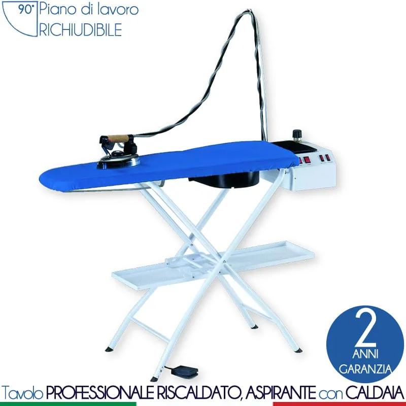 Tavolo da stiro Professionale aspirante e riscaldato dimensioni piano 112x42 cm -peso 23,5 kg con ferro da stiro professionale caldaia da 2 Litri su bancale