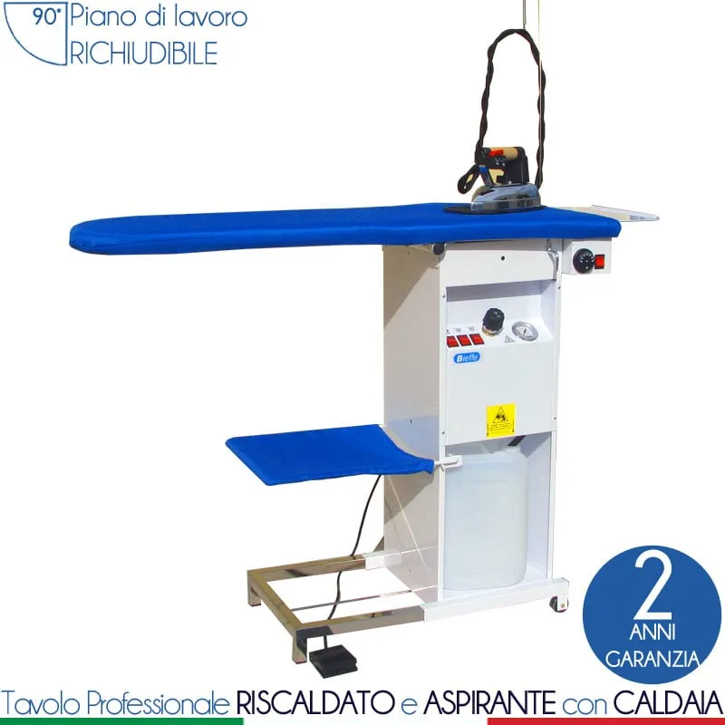 Tavolo da stiro professionale aspirante e riscaldato con caldaia da 2.8 Lt ricarica automatica e ferro professionale e tanica per ricarica continua acqua 10 Lt