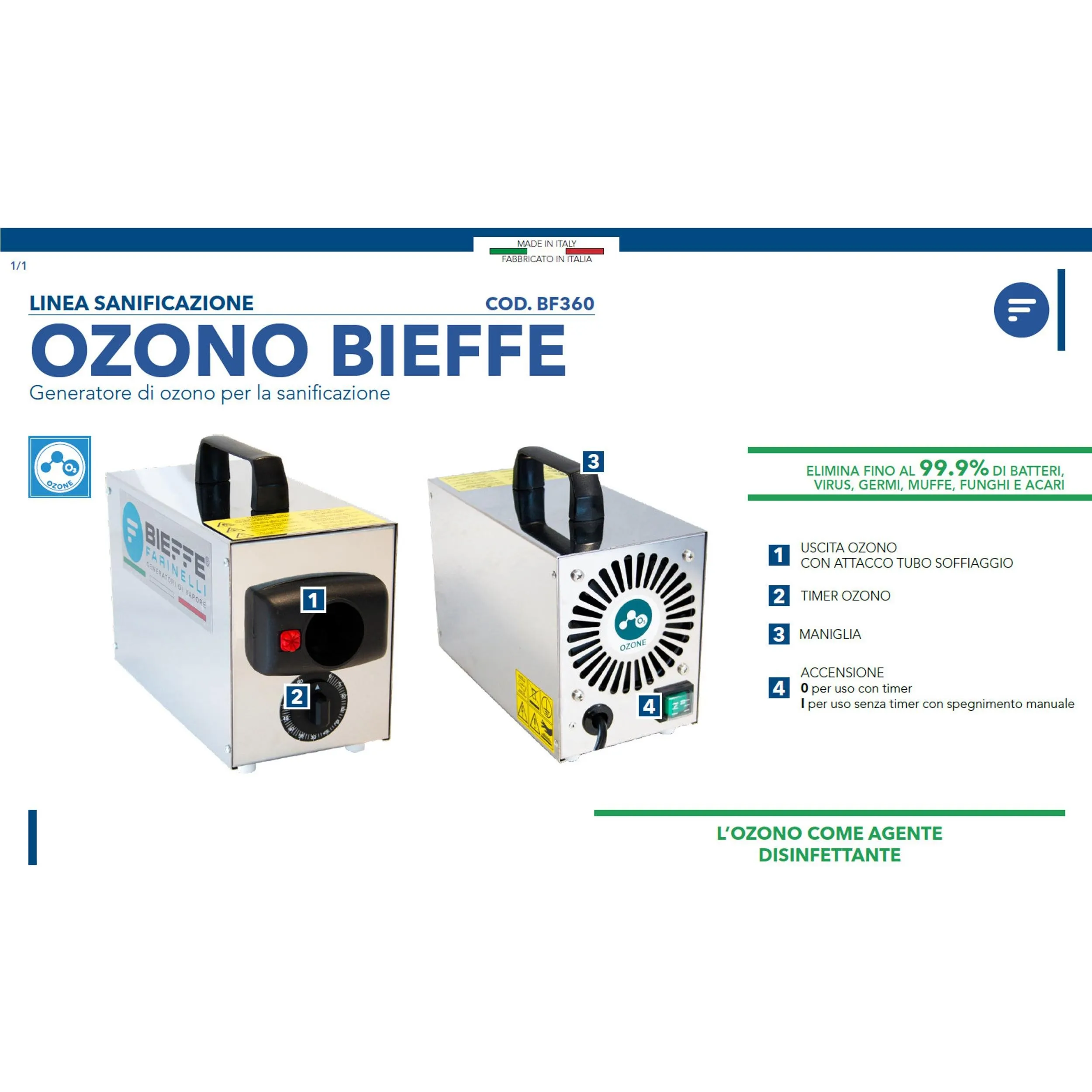 Generatore Sanificatore ad Ozono per ambienti Bieffe 360 dimensioni 27x14xh18 CM 160 Mc circa 60 Mq