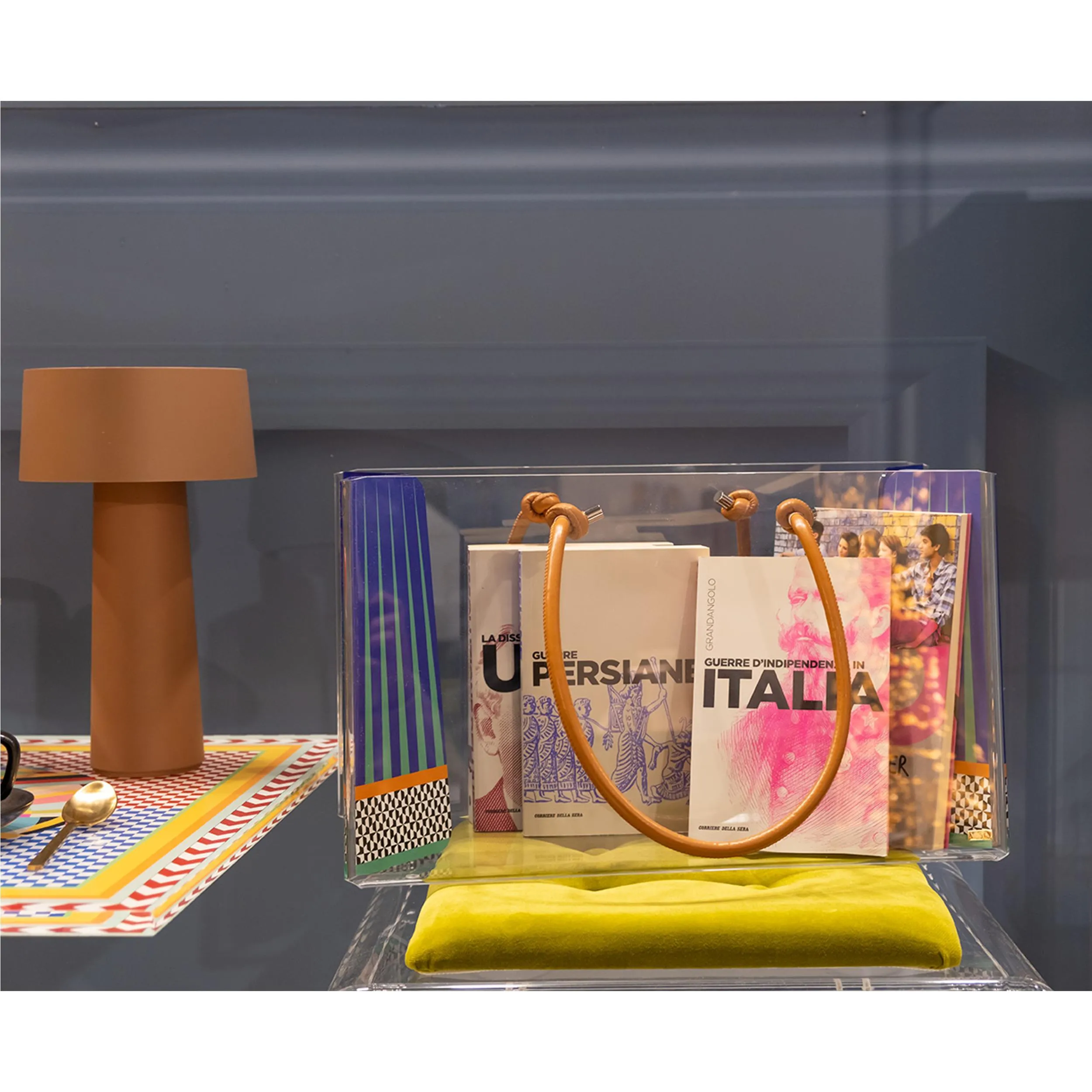 Portariviste, Shop Bag contenitore porta oggetti in plexiglas SMALL Decoro ETHNIC 20x14x h12 cm colore multicolor manici ecopelle