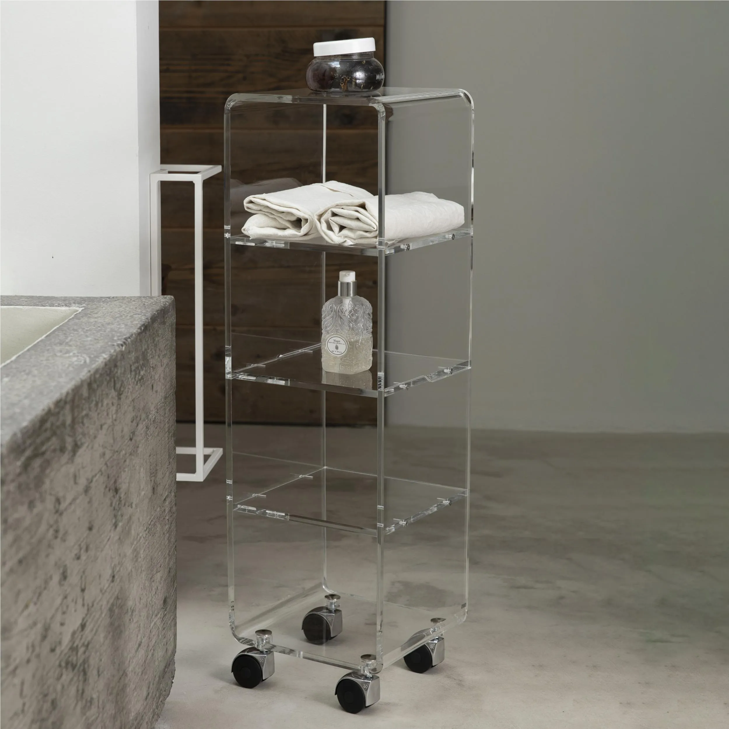 Carrello multiuso , bagno , cucina , ufficio con ruote 3 piani 25x25xh84 cm VEGA MULTY 8 in metacrilato ad alto spessore 8 mm