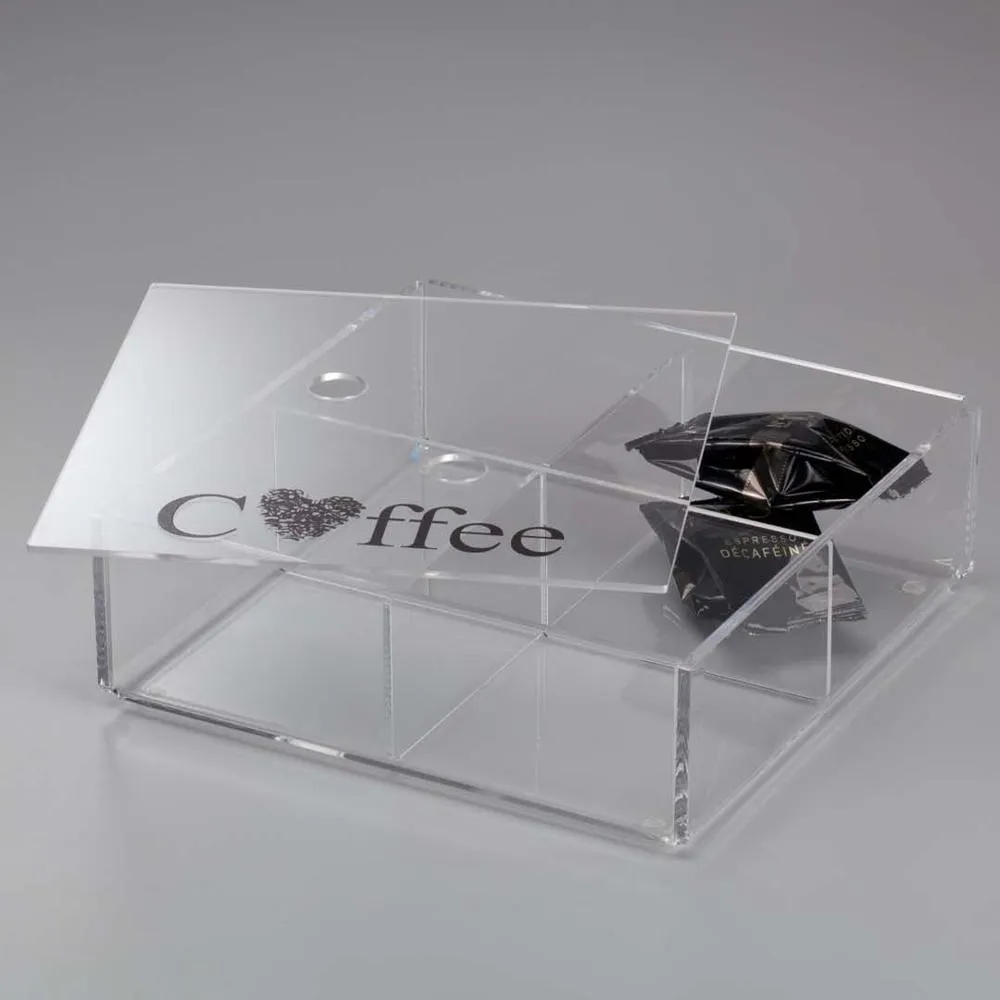 Portacialde in plexiglass con coperchio e 4 divisori ONLY COFFEE 22X22Xh7 cm Trasparente