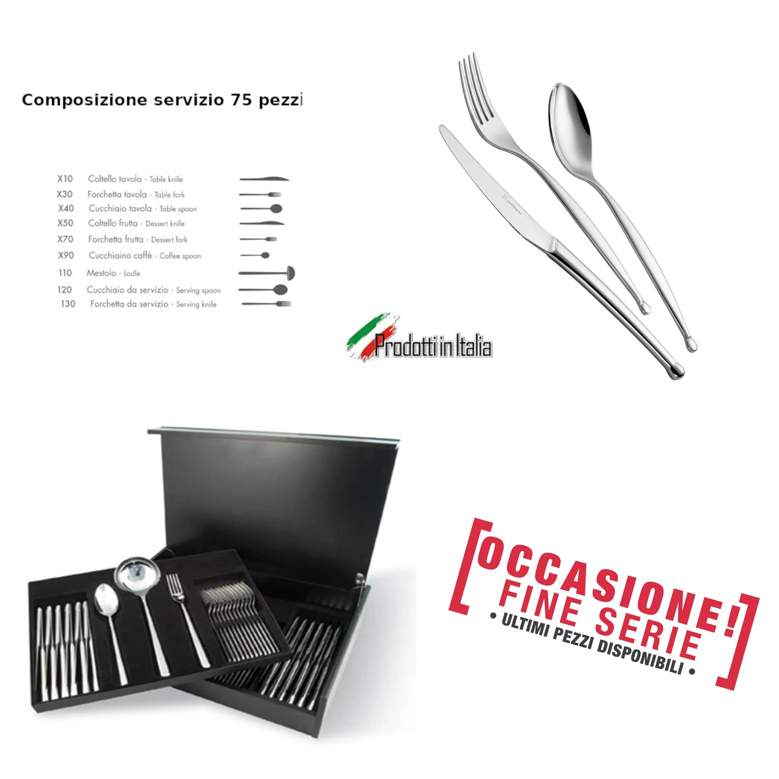 Servizio Posate 75 Pezzi punto in acciaio inox 18/10 lucidato a specchio Forgiato in Astuccio di Legno