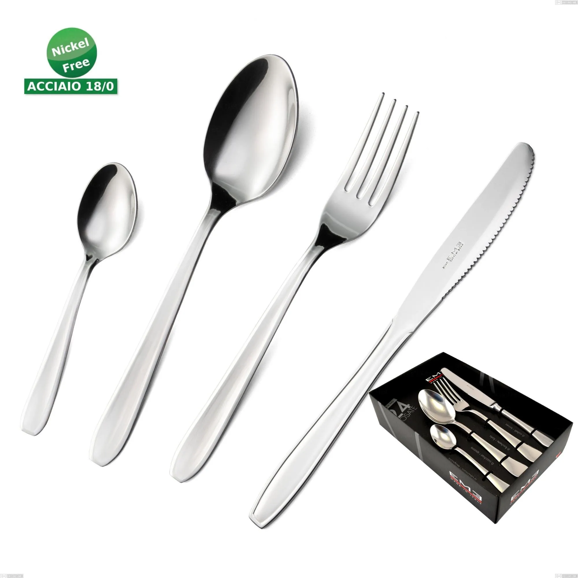 Confezione vetrina 24 pezzi coltello economico eco, Acciaio inox Aisi 430 NIchel Free Posate Lucide, spessore 1.5 mm