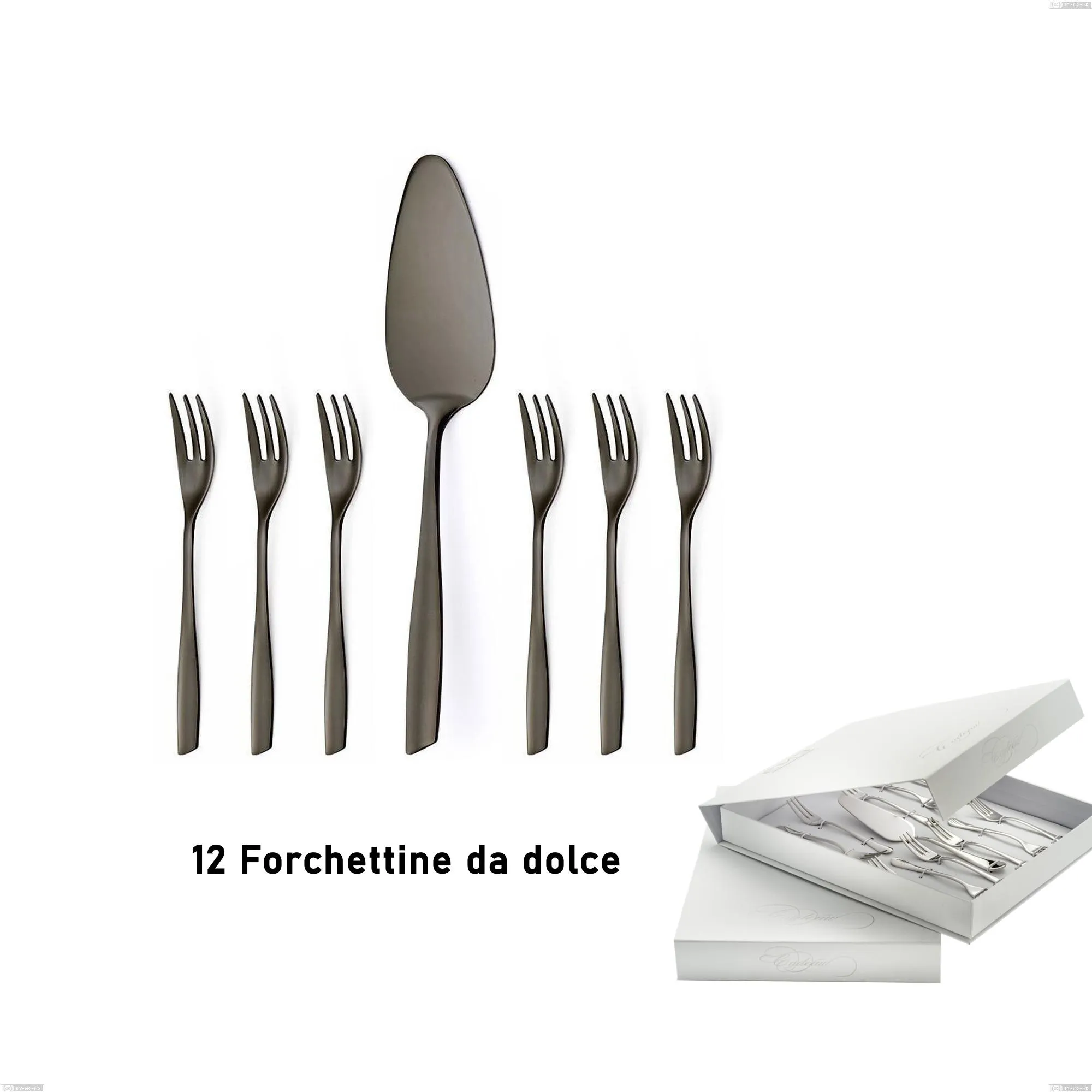 Confezione a libro 13 pezzi, forchettine più paletta dolce Eleven PVD Black, Acciaio inox 18.10, spessore 2,5 mm