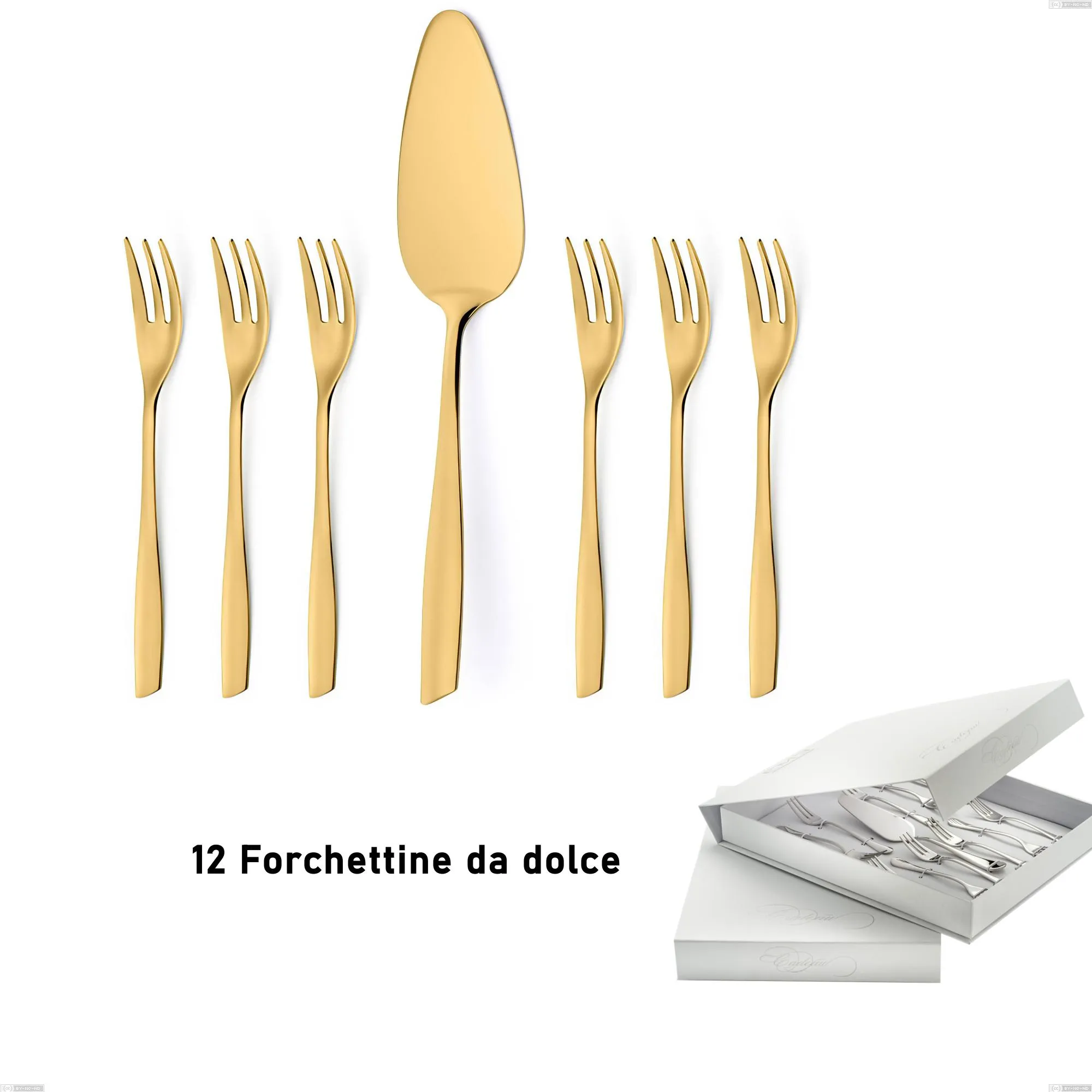 Confezione a libro 13 pezzi, forchettine più paletta dolce Eleven PVD Gold, Acciaio 18/10 lucido, spessore 2.5 mm, PVD oro