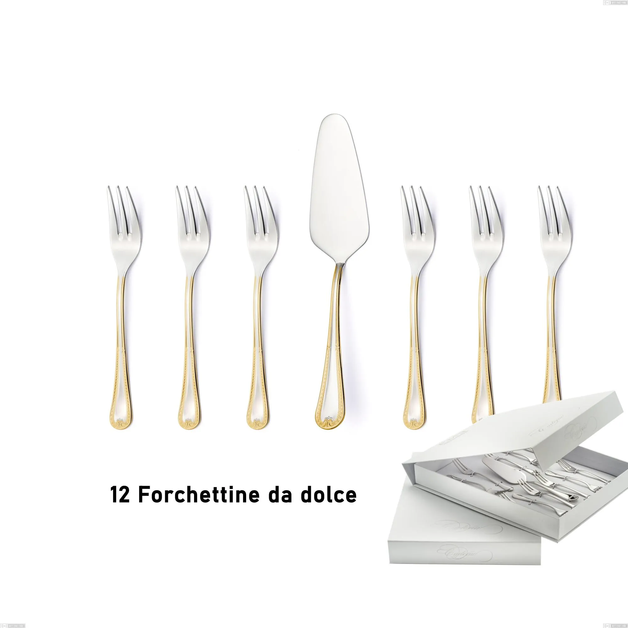 Confezione a libro 13 pezzi, forchettine più paletta dolce Firenze oro, acciaio 18-10, oro 24 carati , spessore 2.5 mm