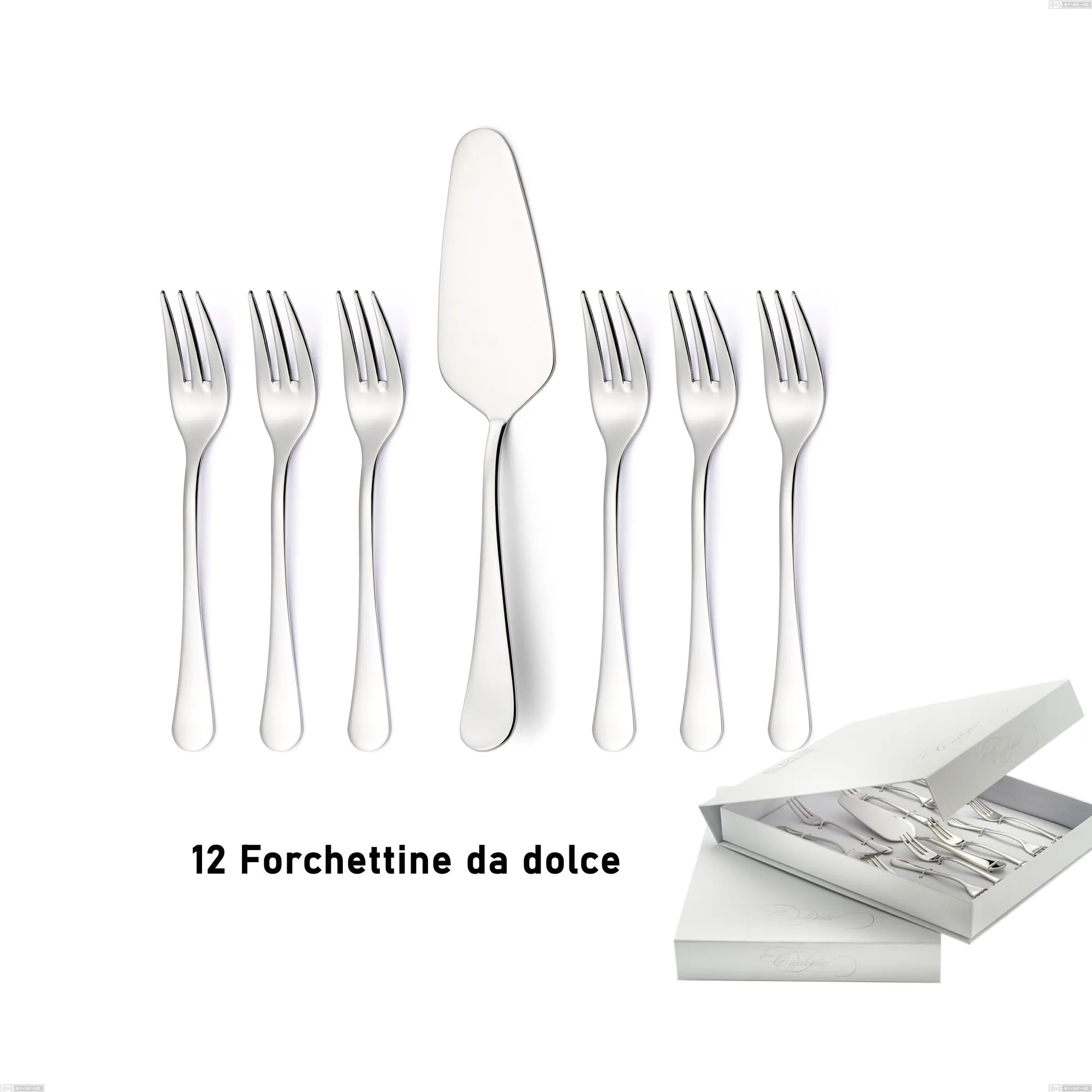 Confezione a libro 13 pezzi, forchettine più paletta dolce Milano inox 18/10 , Acciaio inox 18/10 (AISI304) lucido a specchio, spessore 2,5 mm