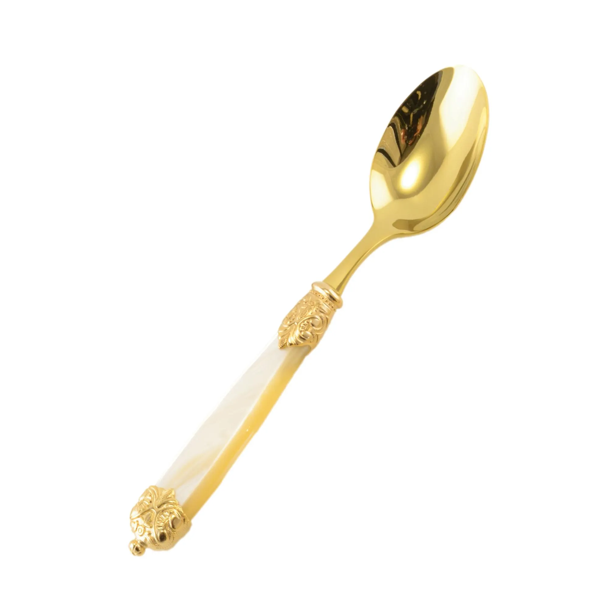 Cucchiaio da Tavola Mirage in Ghiere oro Tin Gold 18.10 (AISI 304) manico perlato doppia ghiera lavabili in lavastoviglie Avorio Perlato