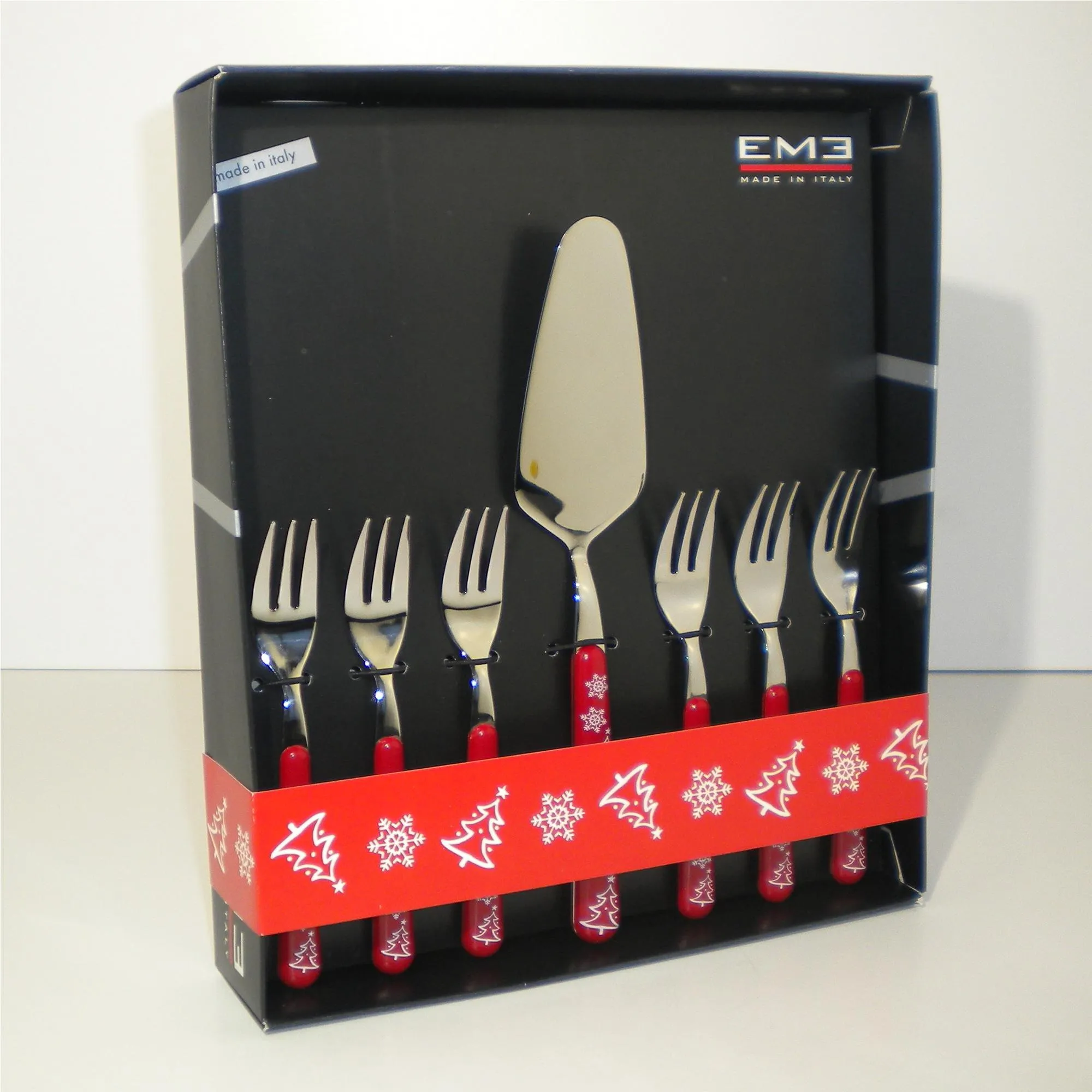 Set da Dolce Forchettine + Paletta 7 pezzi BRIO ROSSO Natale in acciaio 18/C in confezione Regalo