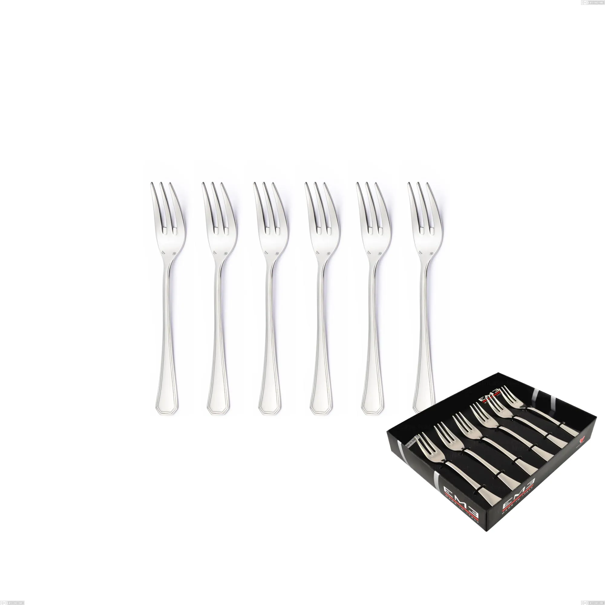 Confezione vetrina 6 pezzi forchettine dolce Savoia Argento 8 micron, Acciaio inox Aisi 304 Finitura Argentata, spessore argento 8 micron, spessore posata 3 mm