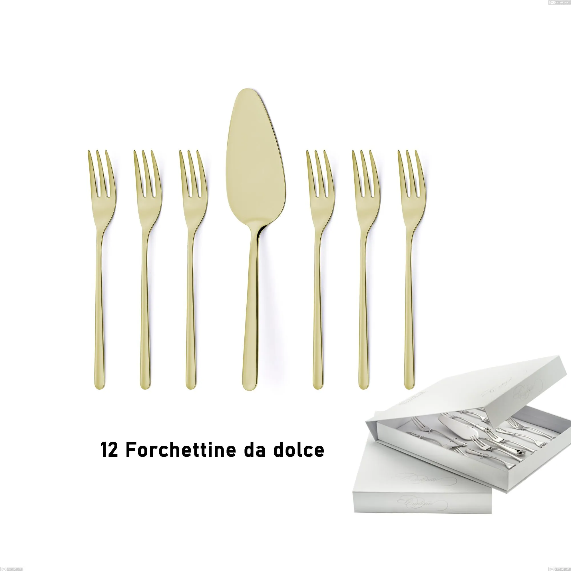 Confezione a libro 13 pezzi, forchettine più paletta dolce Venice Tin Gold, Acciaio Inox 18-10 trattamento pvd oro, spessore 4 mm