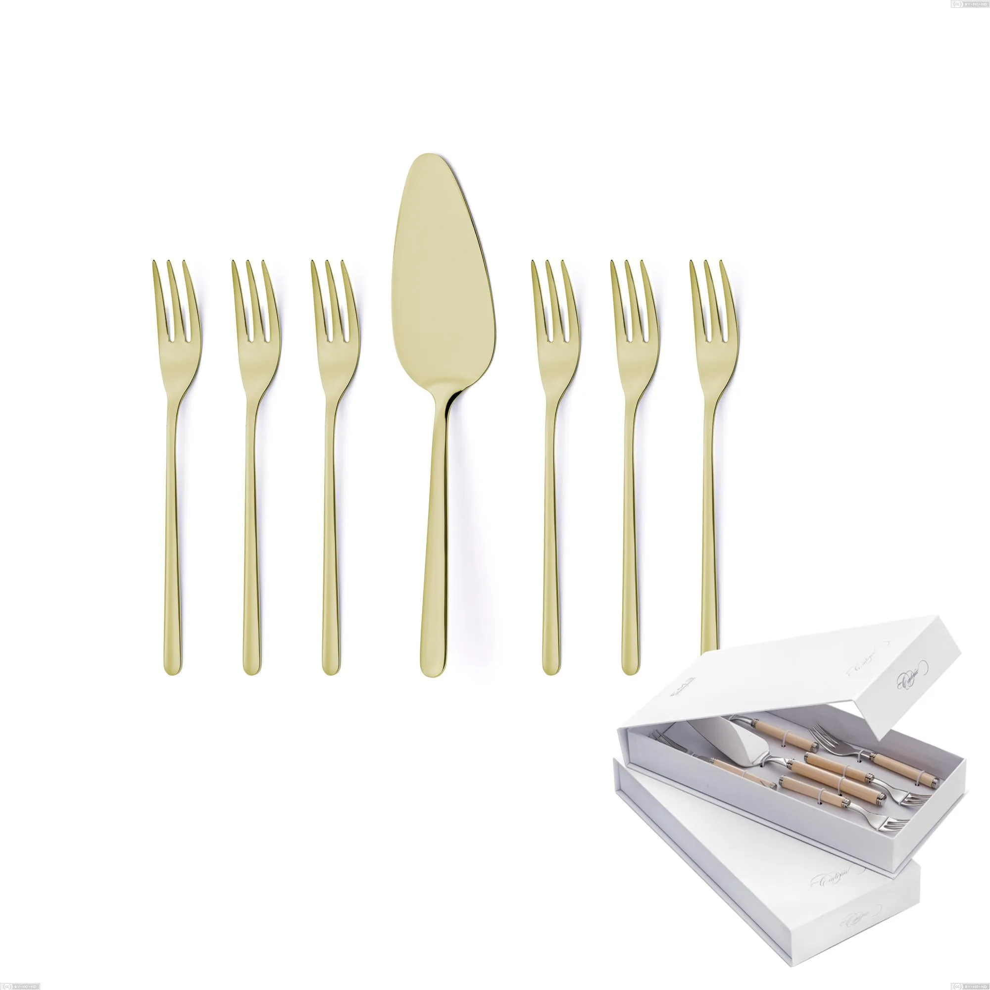 Confezione a libro 7 pezzi, forchettine più paletta dolce Venice Tin Gold, Acciaio Inox 18-10 trattamento pvd oro, spessore 4 mm