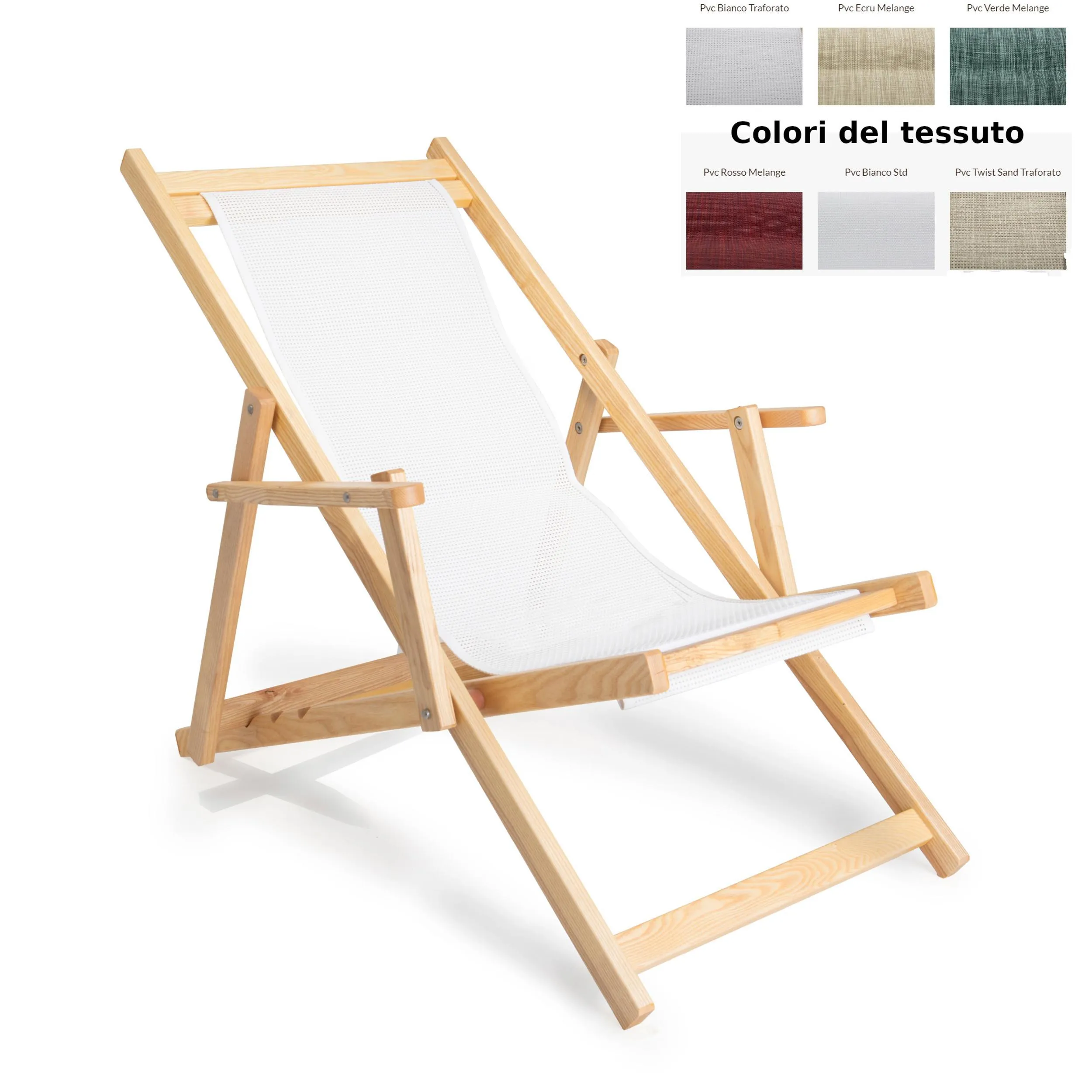 Sdraio reclinabile e chiudibile con braccioli e Telo di Nylon AFRODITE 120x73x94h cm -peso 9,3 kg quattro posizioni Telaio in legno naturale e telo in PVC