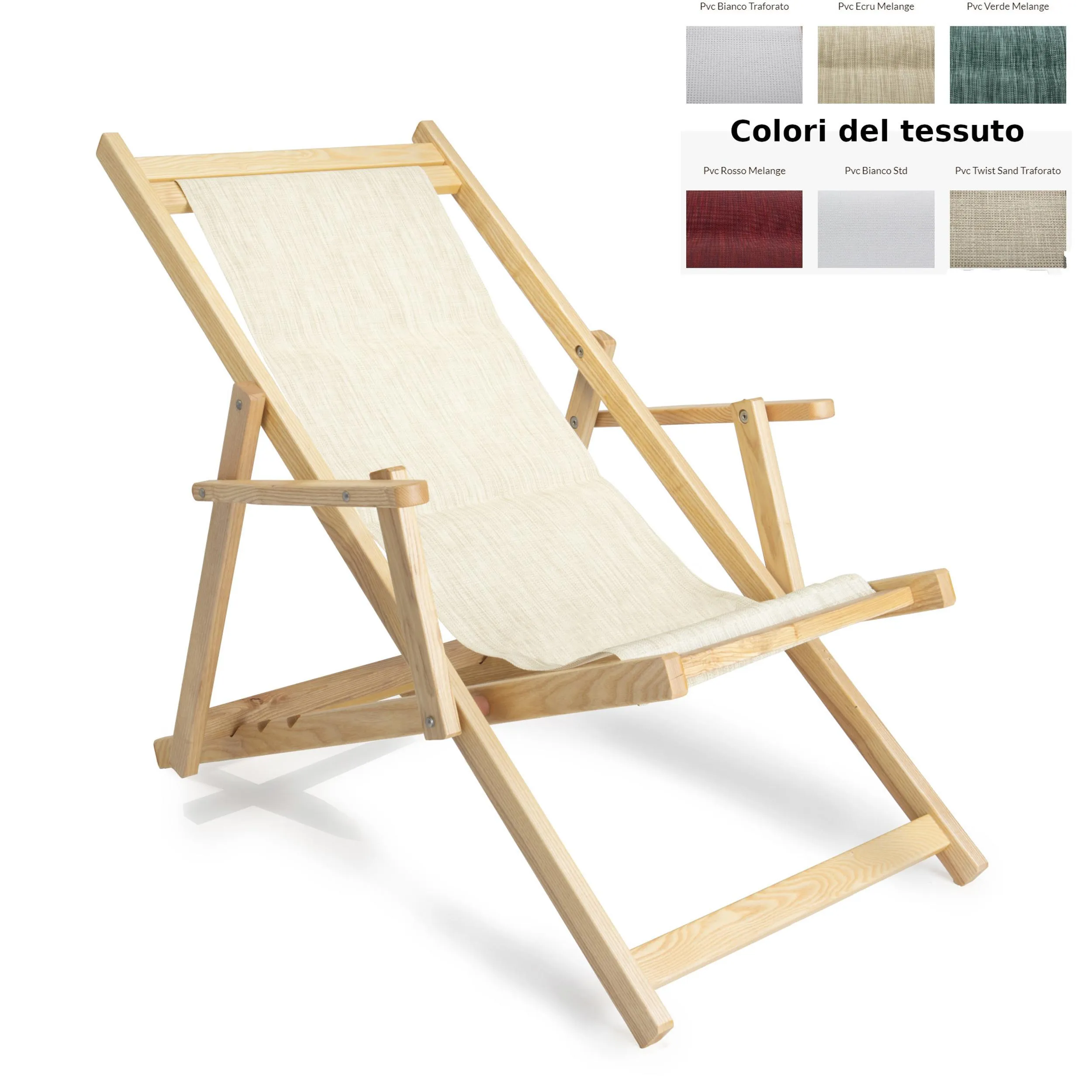 Sdraio reclinabile e chiudibile senza braccioli Telo di Nylon AFRODITE 120x57x94h cm -peso 8,5 kg quattro posizioni Telaio in legno Frassino Naturale e telo in PVC