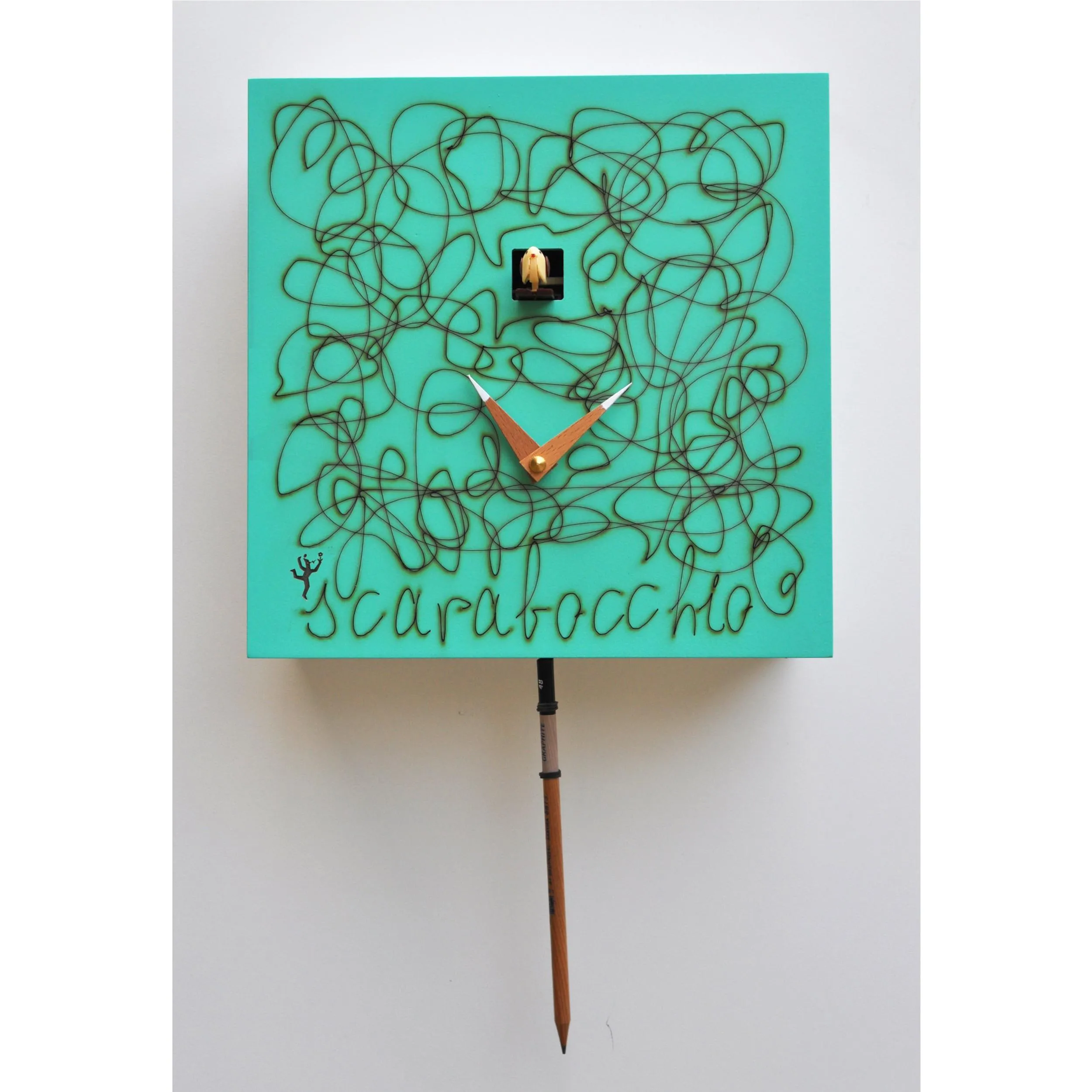 Orologio Cucù da parete Scarabocchio 24,5x11xh24,5 cm cassa in MDF laccato , pendolo a forma di matita ral 6027