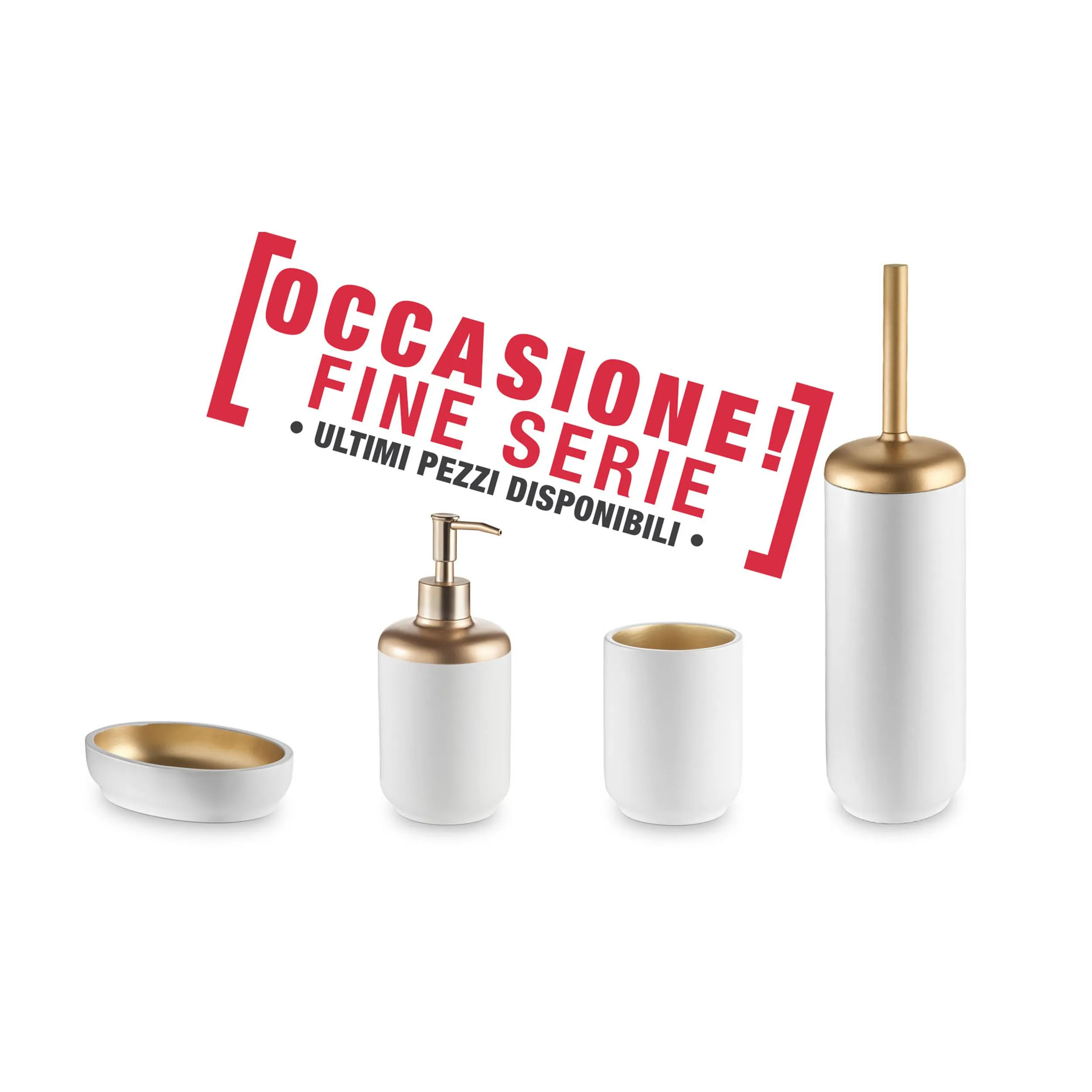 Set da bagno 4 pezzi in resina colore Bianco oro -Basic portasapone. bicchiere, dispenser e porta scopino 4 pezzi ne paghi 1