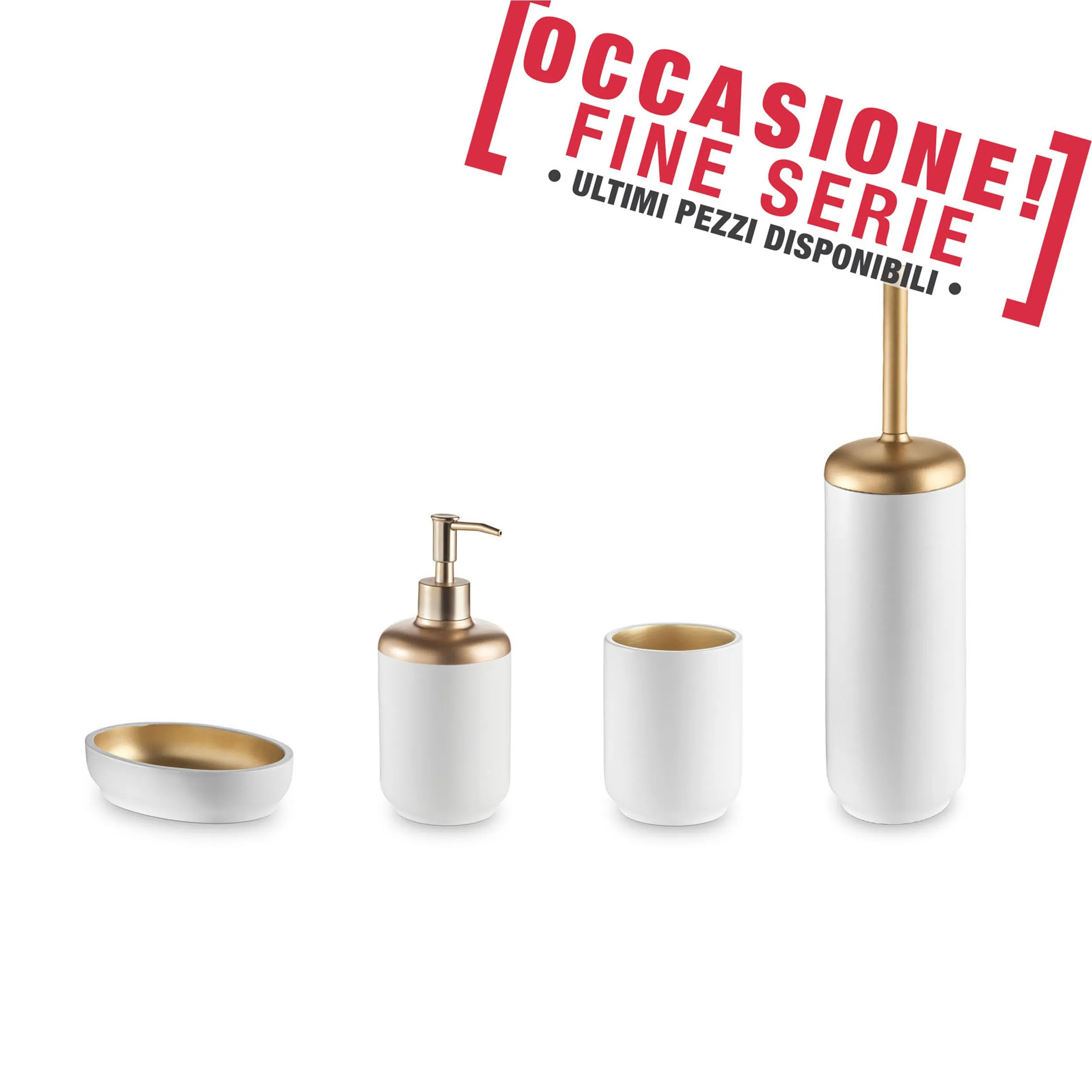 Set da bagno 4 pezzi in resina colore BIANCO-ORO portasapone. bicchiere, dispenser e portascopino