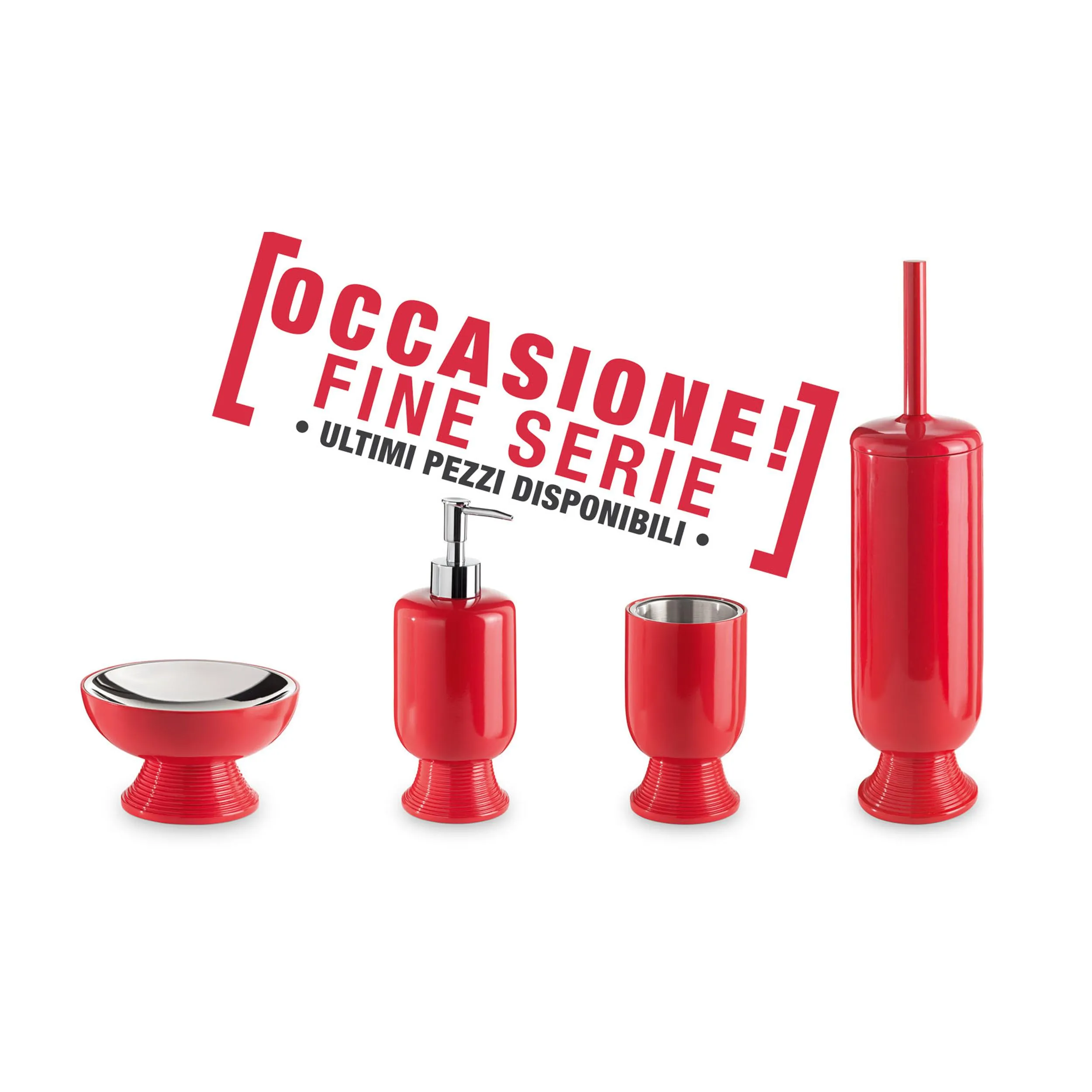 Set da bagno 4 pezzi in resina colore ROSSO-MISO portasapone. bicchiere, dispenser e portascopino