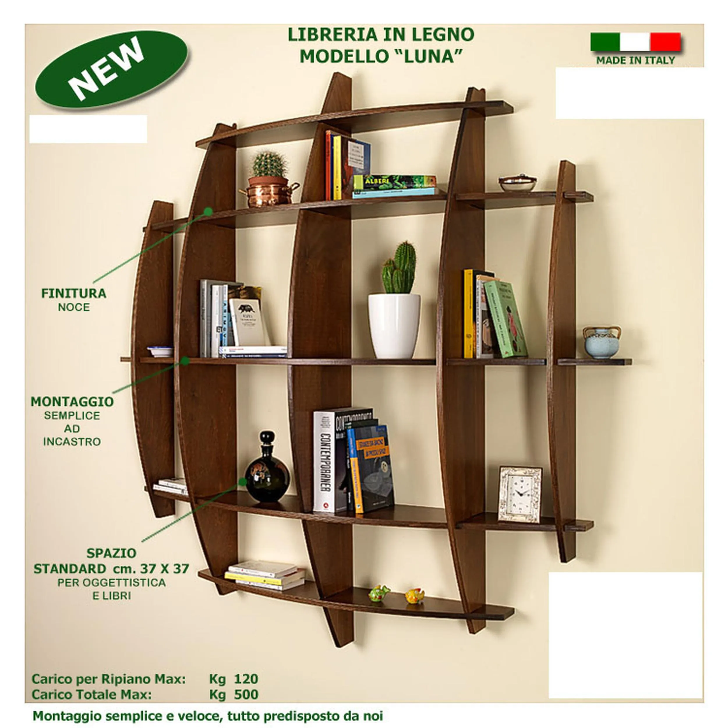 Libreria In legno Modello LUNA 150x30xh150 cm in legno colore noce