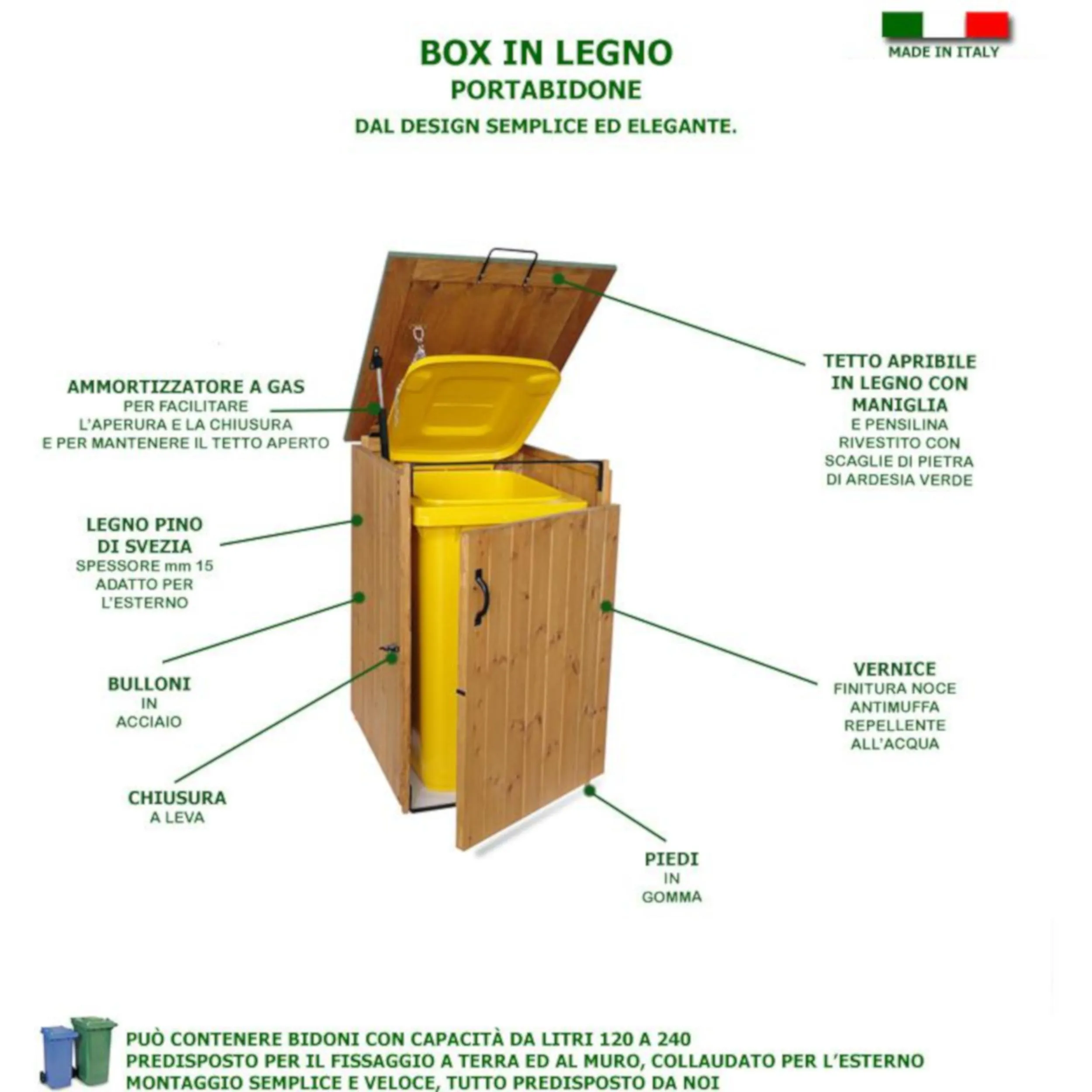 Box Portabidoni in legno 74x86xh116 cm ammortizzatore a gas con tetto ROSSO