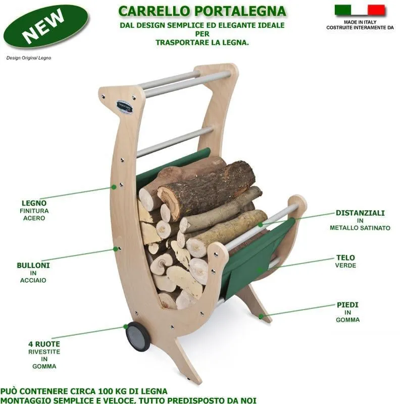 Carrello Portalegna 50x50h100 cm in legno con ruote , telo verde