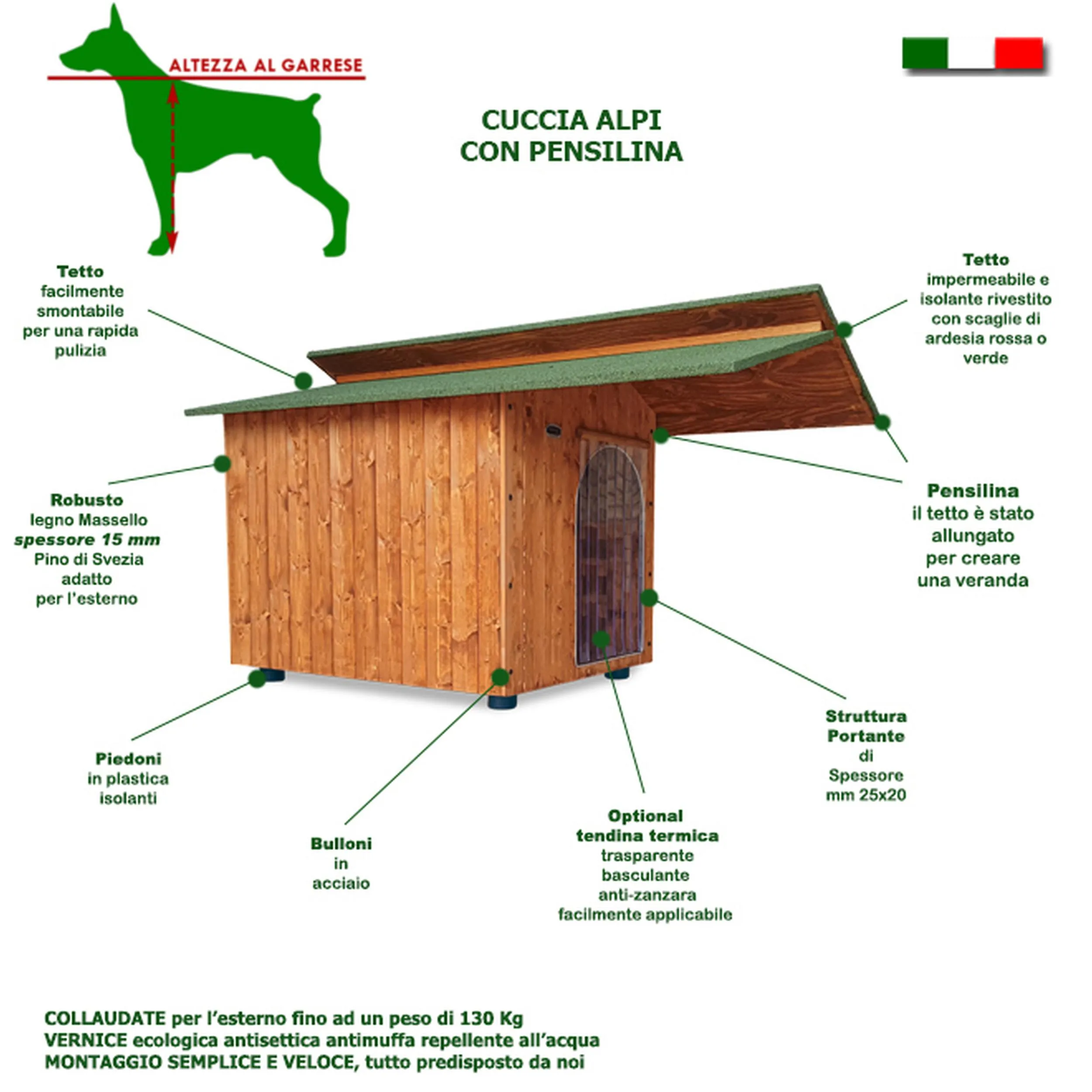 Cuccia per Cane Pastore e simili In Legno con tettino coibentato 90X155XH95 e pensilina collaudo per 130 kg