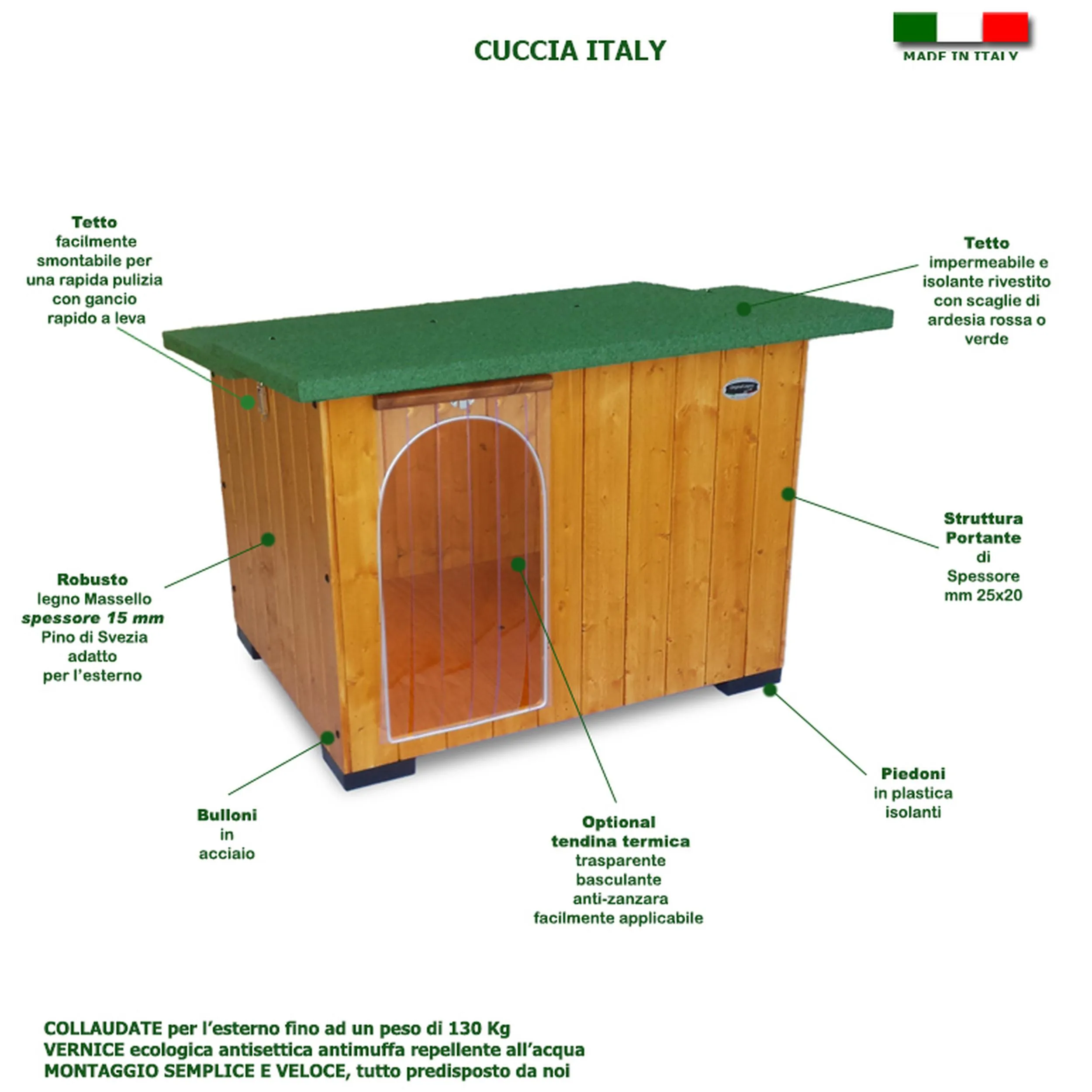 Cuccia per Cane Pastore e simili in Legno con tettino coibentato spessore legno 1,5 cm collaudo per 130 kg tetto verde