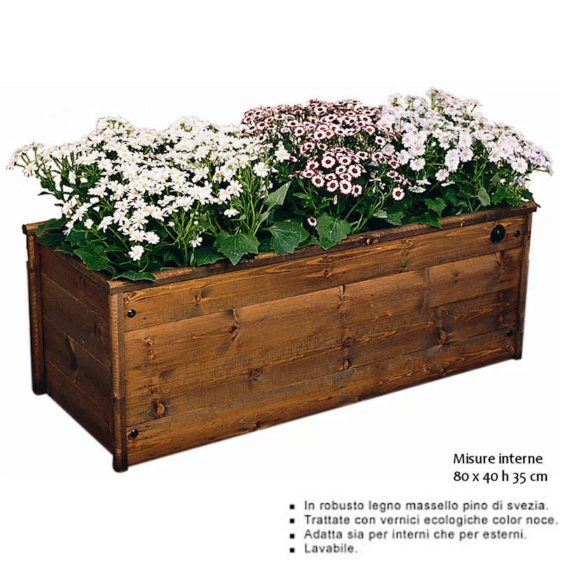 Fioriera in legno Massello di Svezia Orchidea 80x40h35 cm verniciata con vernice repellente all'acqua colore noce