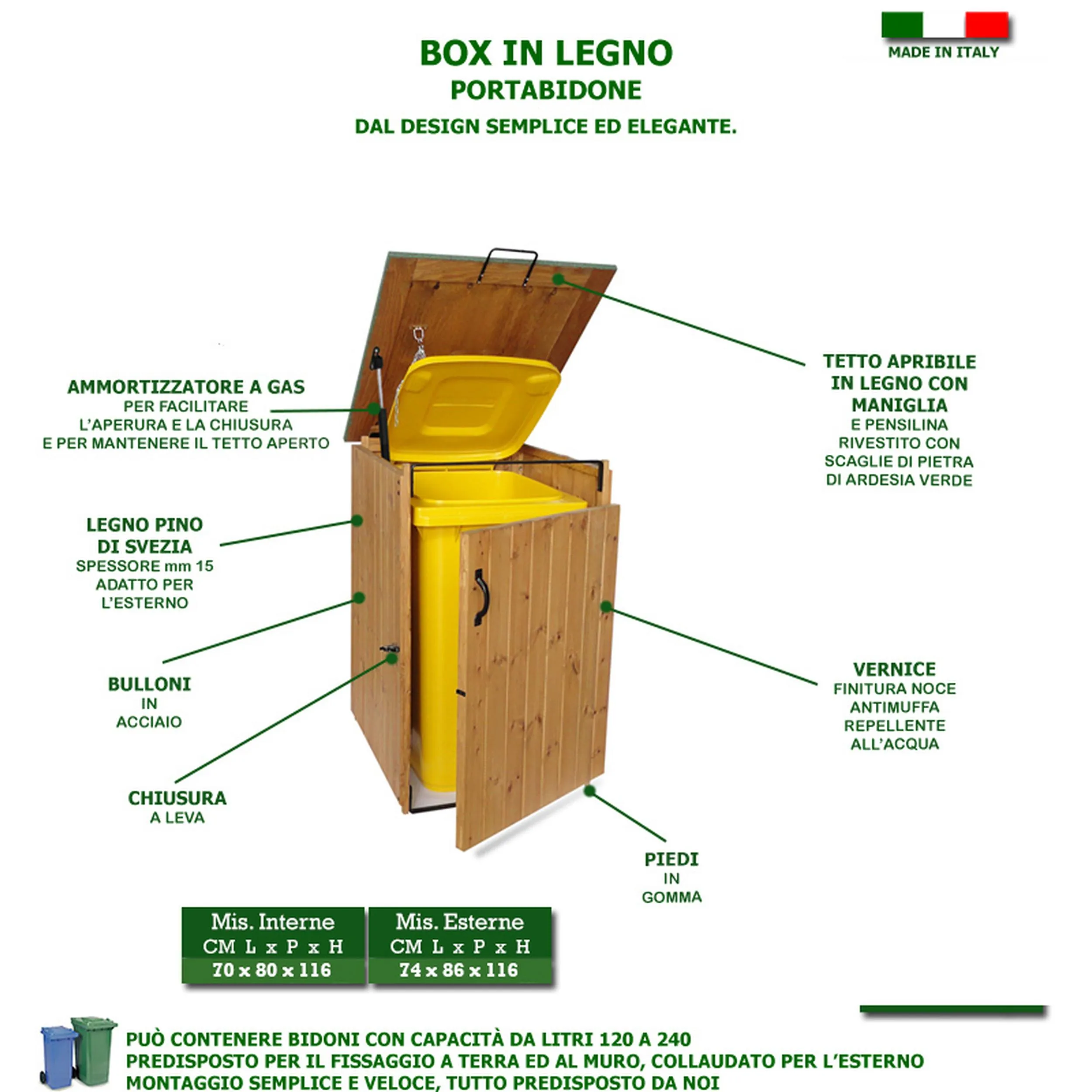 Porta Bidone BOX in legno 70x80xh116 cm con tetto verde
