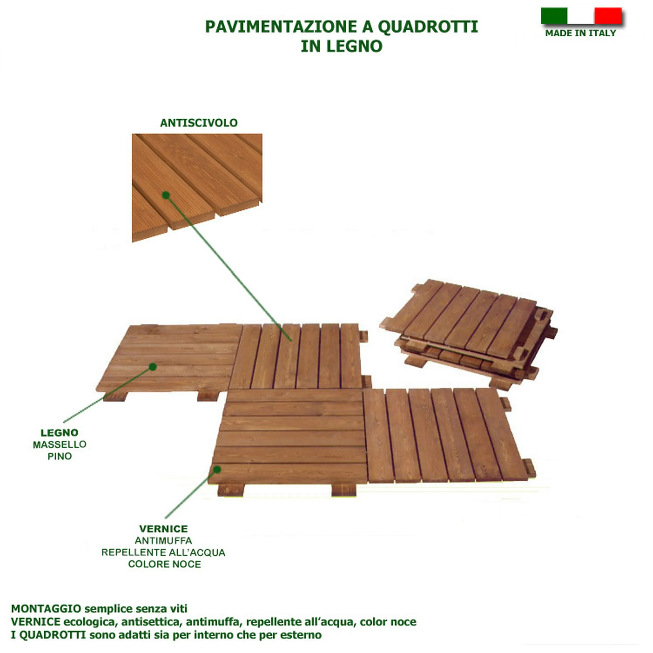 Pavimento In legno Quadrotto in legno massello di pino 60x60xh4 cm - mq 0,360, pavimentazione per Esterno ed interno