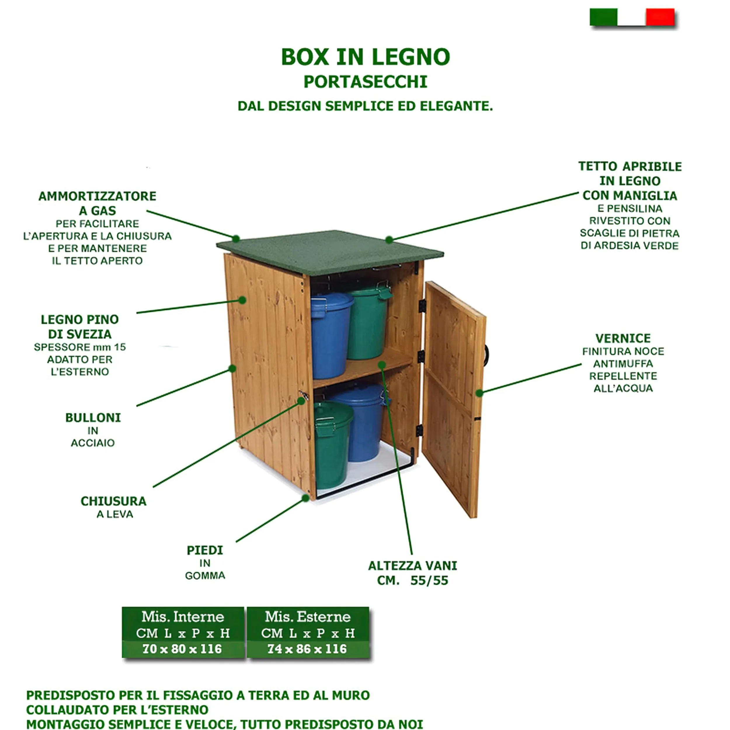 Porta secchi BOX in legno 70x80xh116 cm con tetto verde