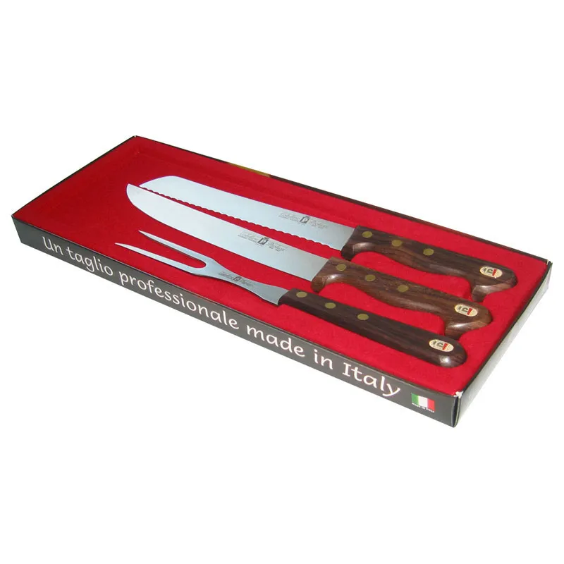 Set 3 coltelli in manico di palissandro lame inox , Coltello per pane, coltello per arrosto e forchettone