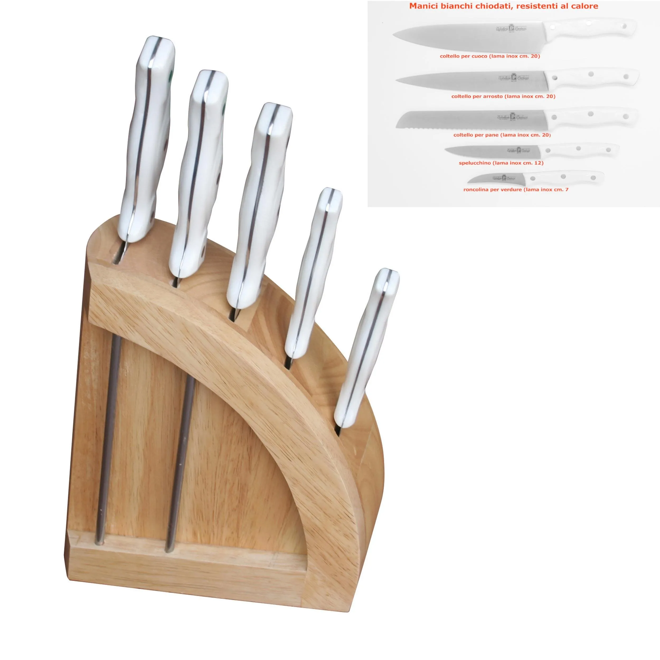 Ceppo coltelli in legno di faggio 20x8xh39 cm con 5 coltelli Da cucina Professionali manici bianchi n acciaio inox molibdeno