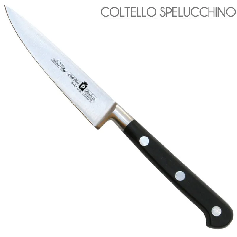 Coltello spelucchino forgiato Manici in POM per alimenti. colore nero. resistente in lavastoviglie.